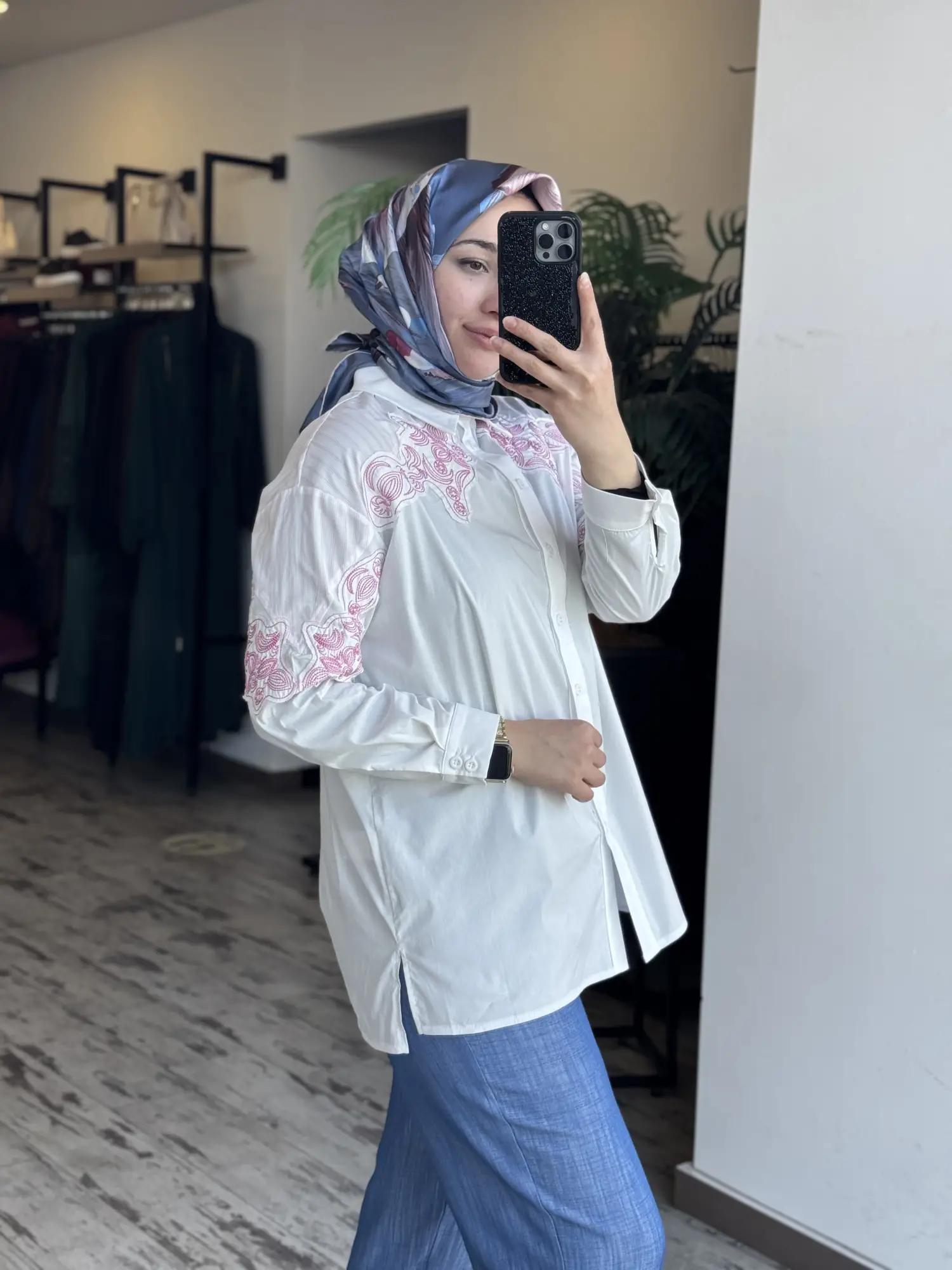 Tığ Triko Nakış Detaylı Çizgili Kumaş Mixli Gömlek GML4013