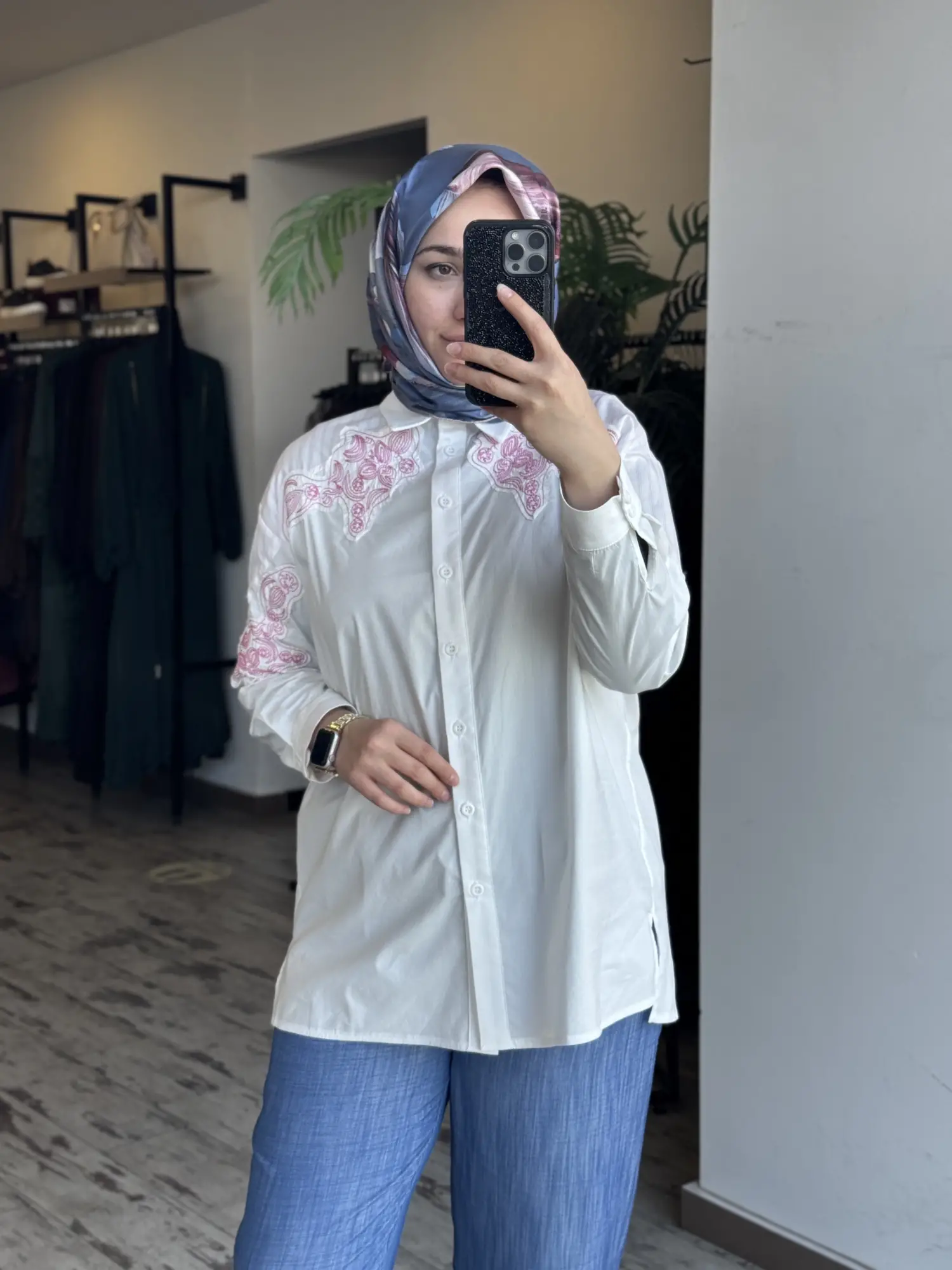 Tığ Triko Nakış Detaylı Çizgili Kumaş Mixli Gömlek GML4013