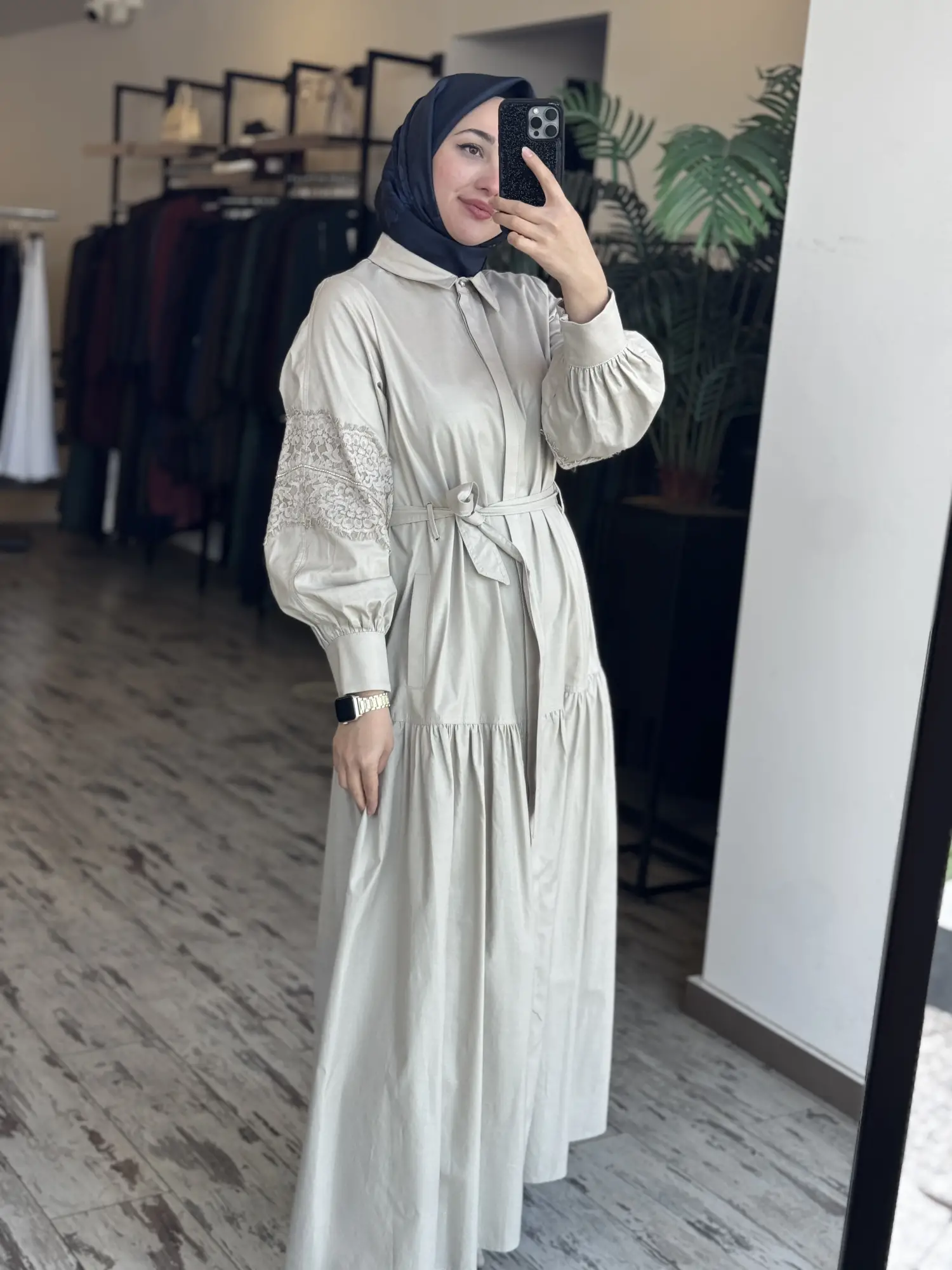 Kayra Kolları Güpür Detaylı Düğmeli Gömlek Elbise KA83002