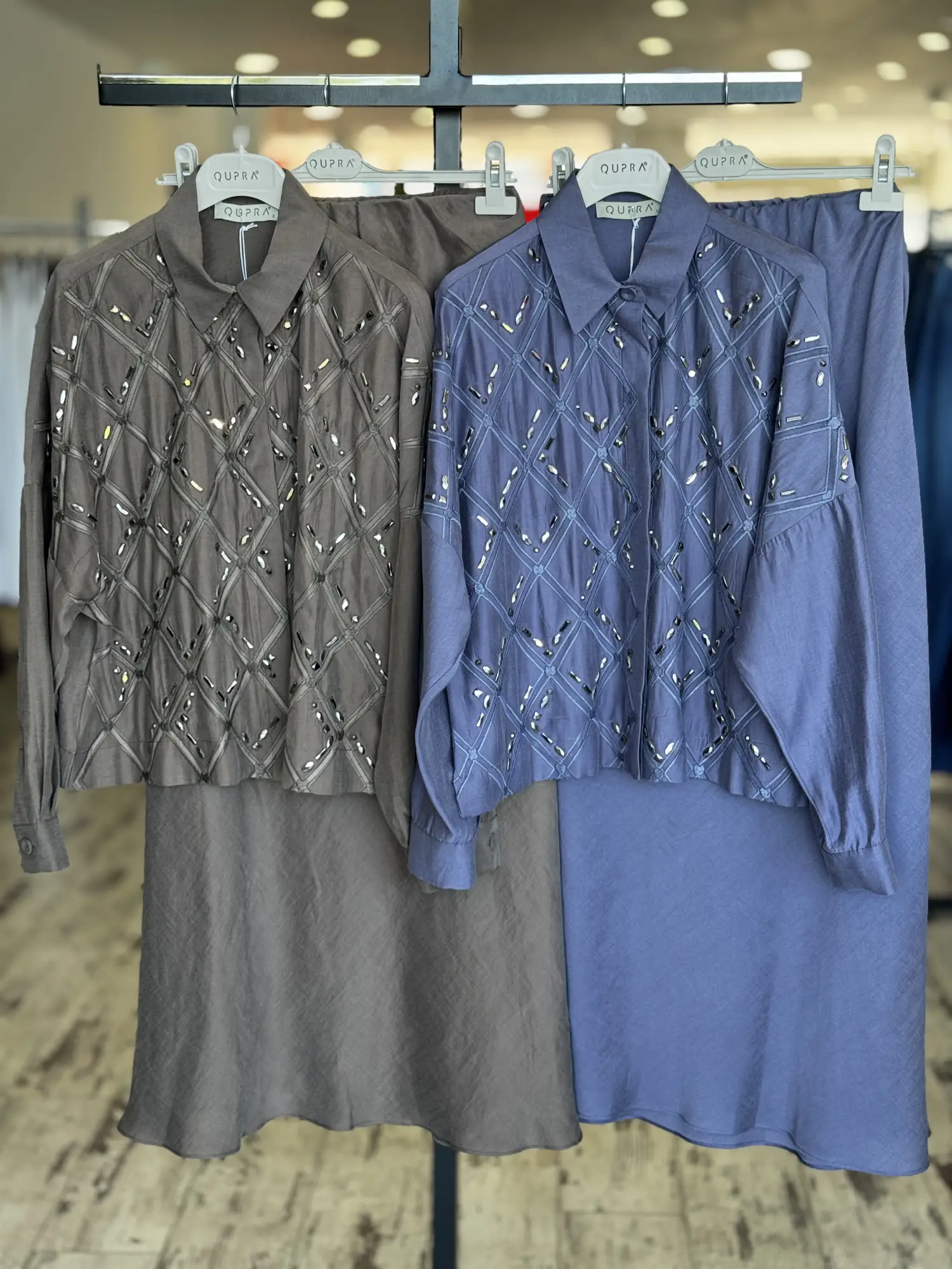 Qupra Taş Baskılı Düğmeli Ceket(Gömlek) Etek Takım WAD1200