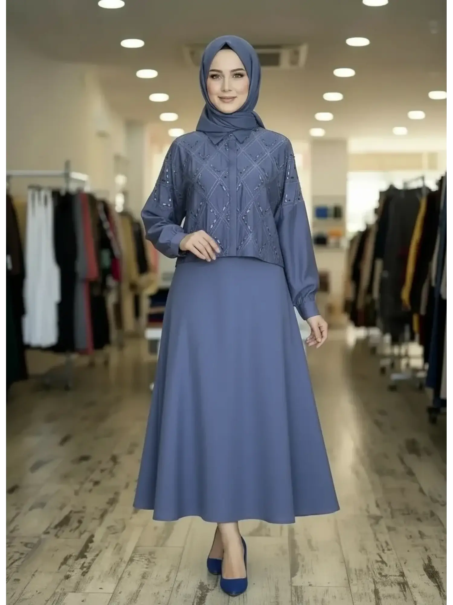 Qupra Taş Baskılı Düğmeli Ceket(Gömlek) Etek Takım WAD1200