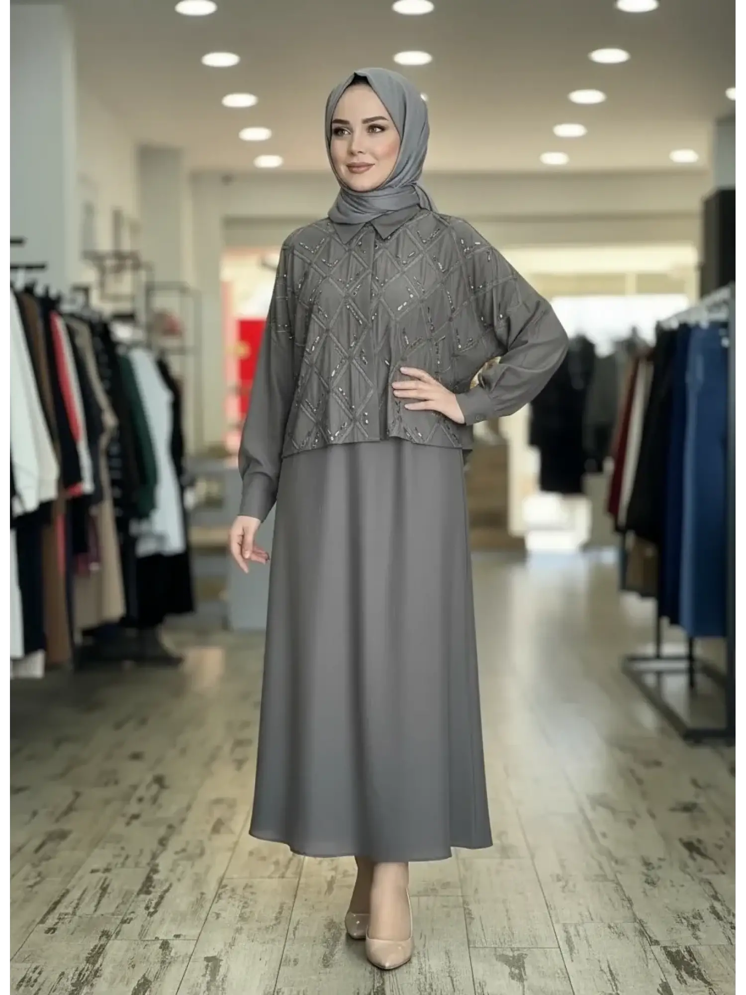 Qupra Taş Baskılı Düğmeli Ceket(Gömlek) Etek Takım WAD1200