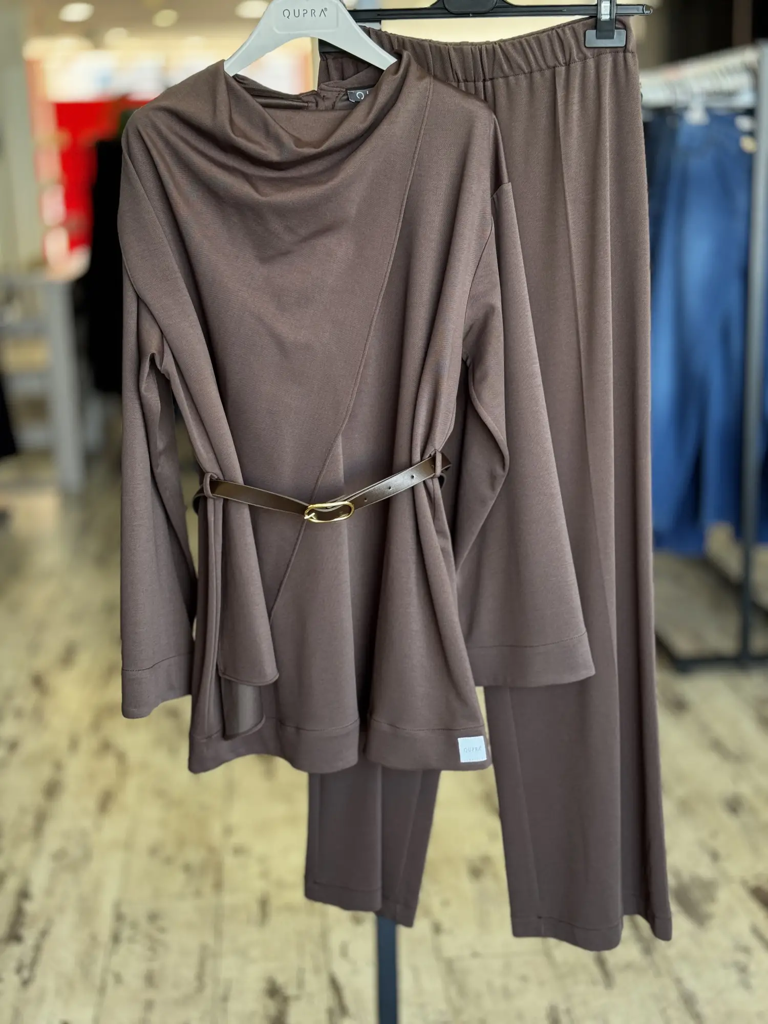 Qupra Şal Detaylı Kemerli Tunik Pantolon Takım WAD1277