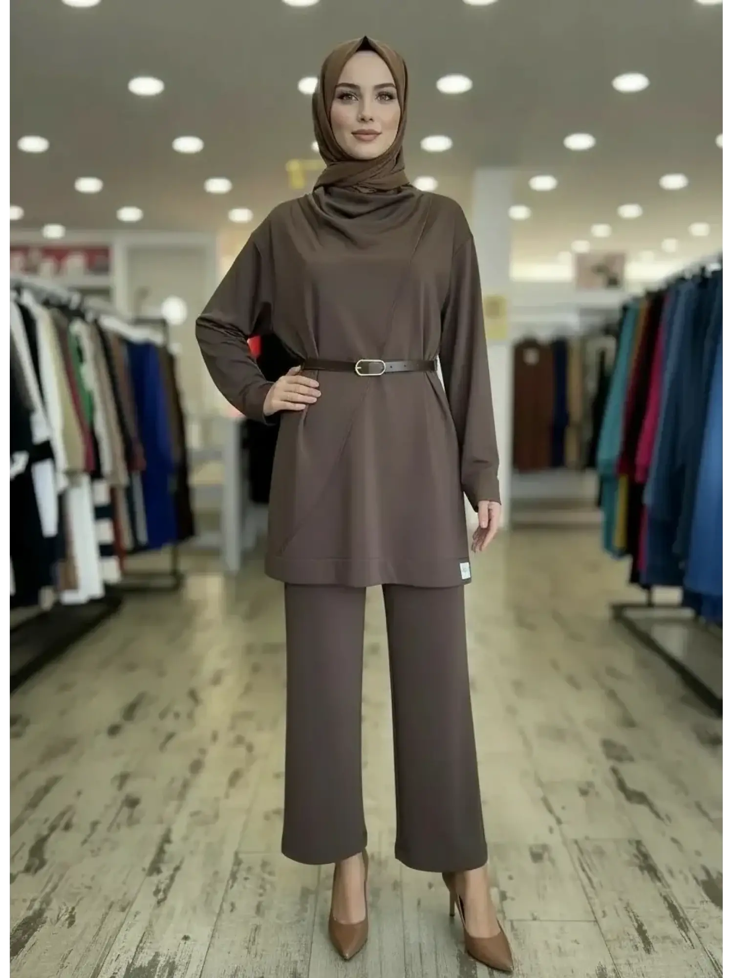 Qupra Şal Detaylı Kemerli Tunik Pantolon Takım WAD1277