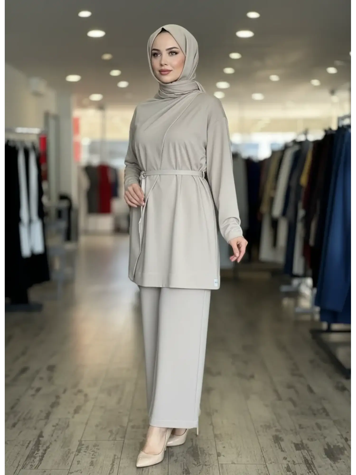 Qupra Şal Detaylı Kemerli Tunik Pantolon Takım WAD1277