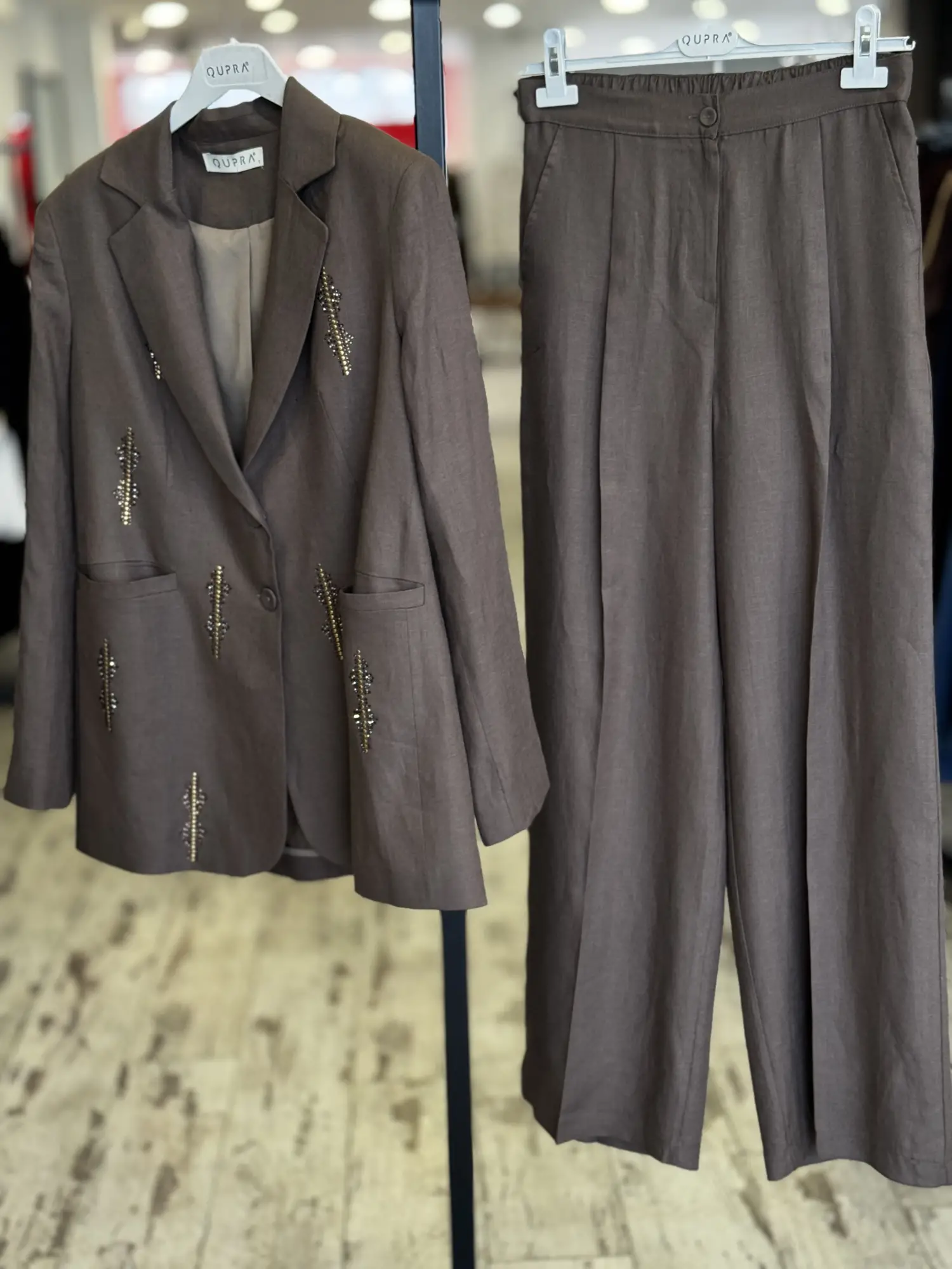 Qupra Taş Baskılı Keten Ceket Pantolon Takım WAD1290