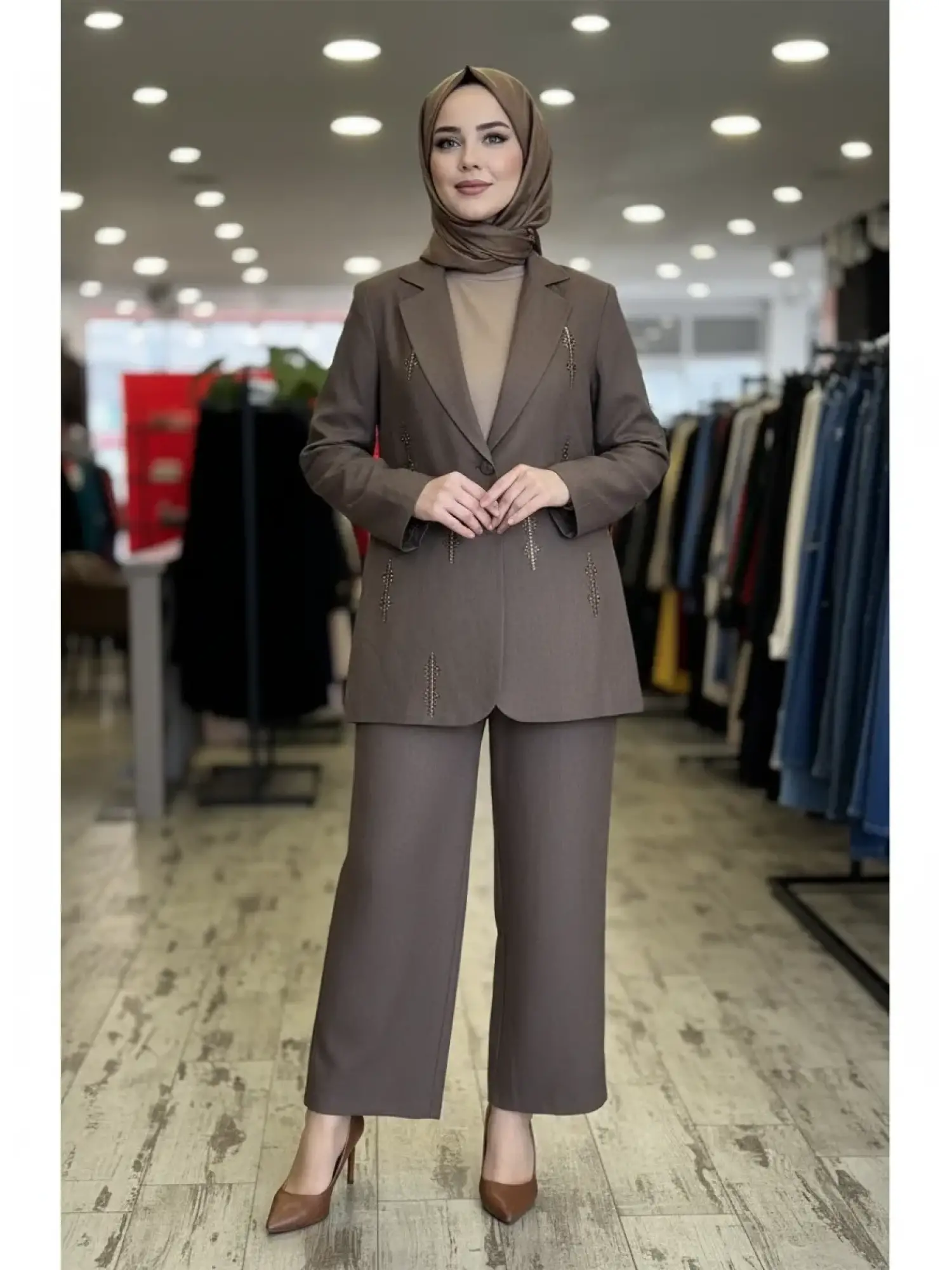 Qupra Taş Baskılı Keten Ceket Pantolon Takım WAD1290