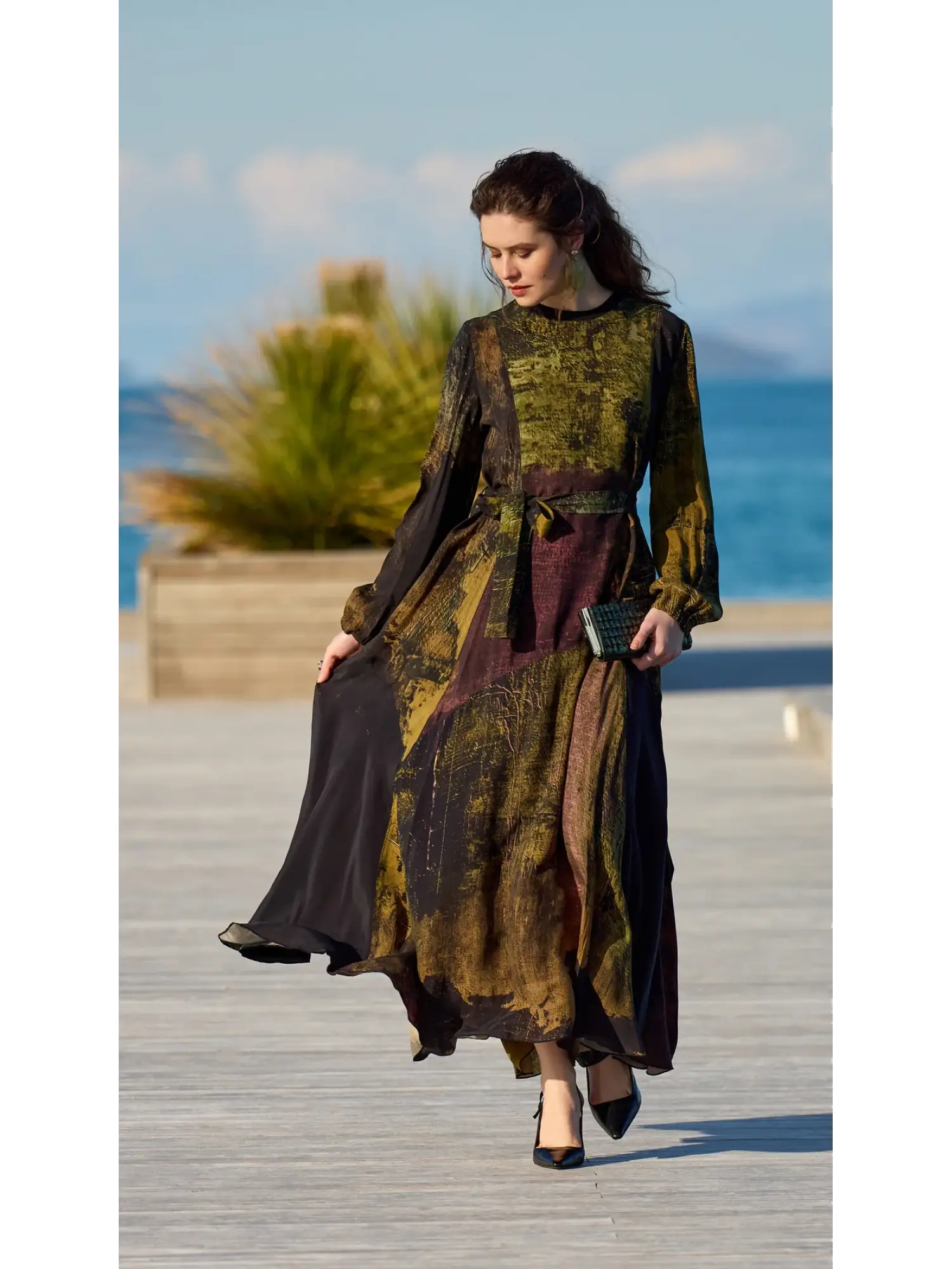 Misswhence Parça Detaylı Desenli Cupra İpek Elbise 39842D