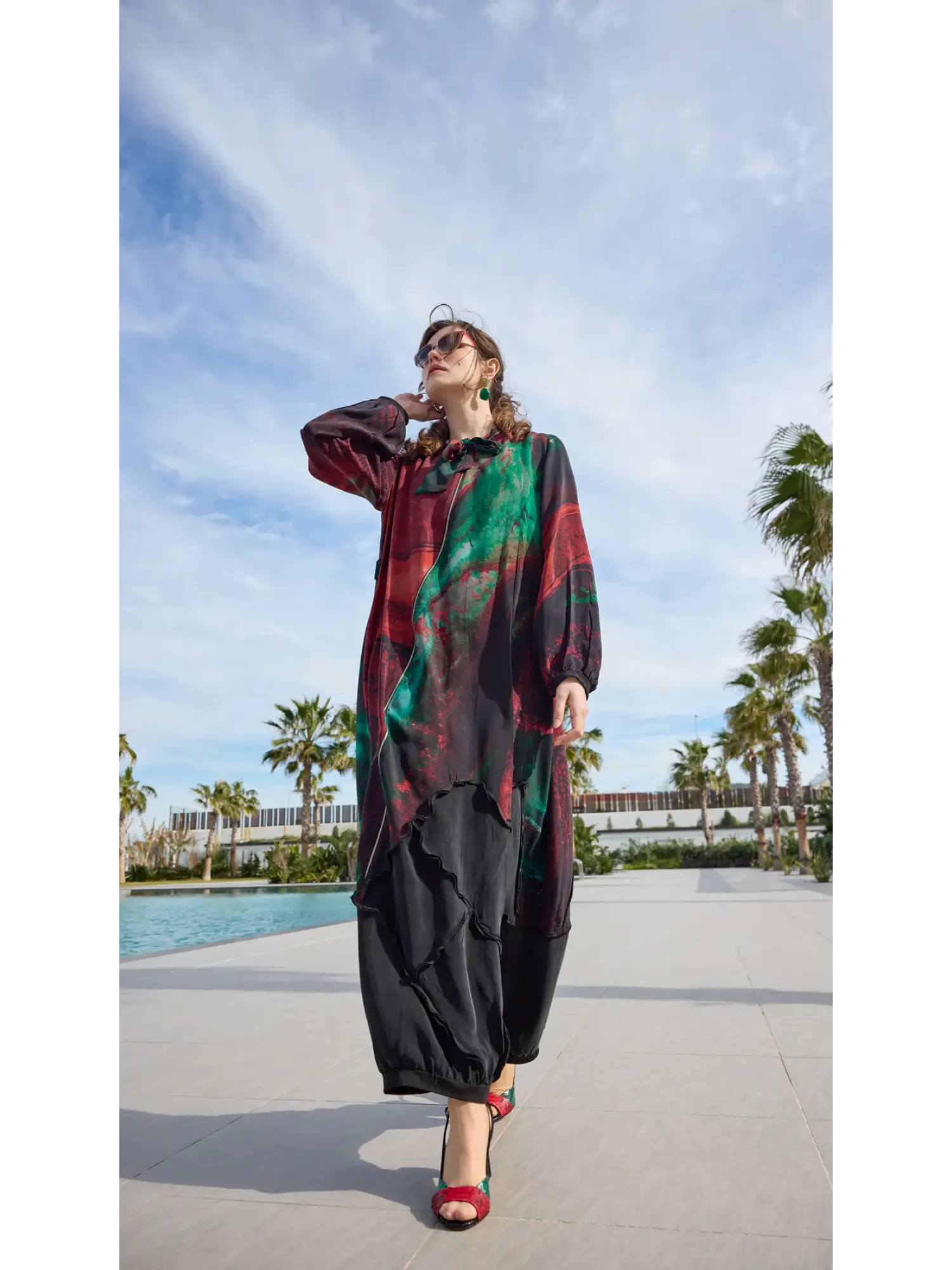 Misswhence Fular ve Fermuar Detaylı Desenli Cupra İpek Elbise 39802