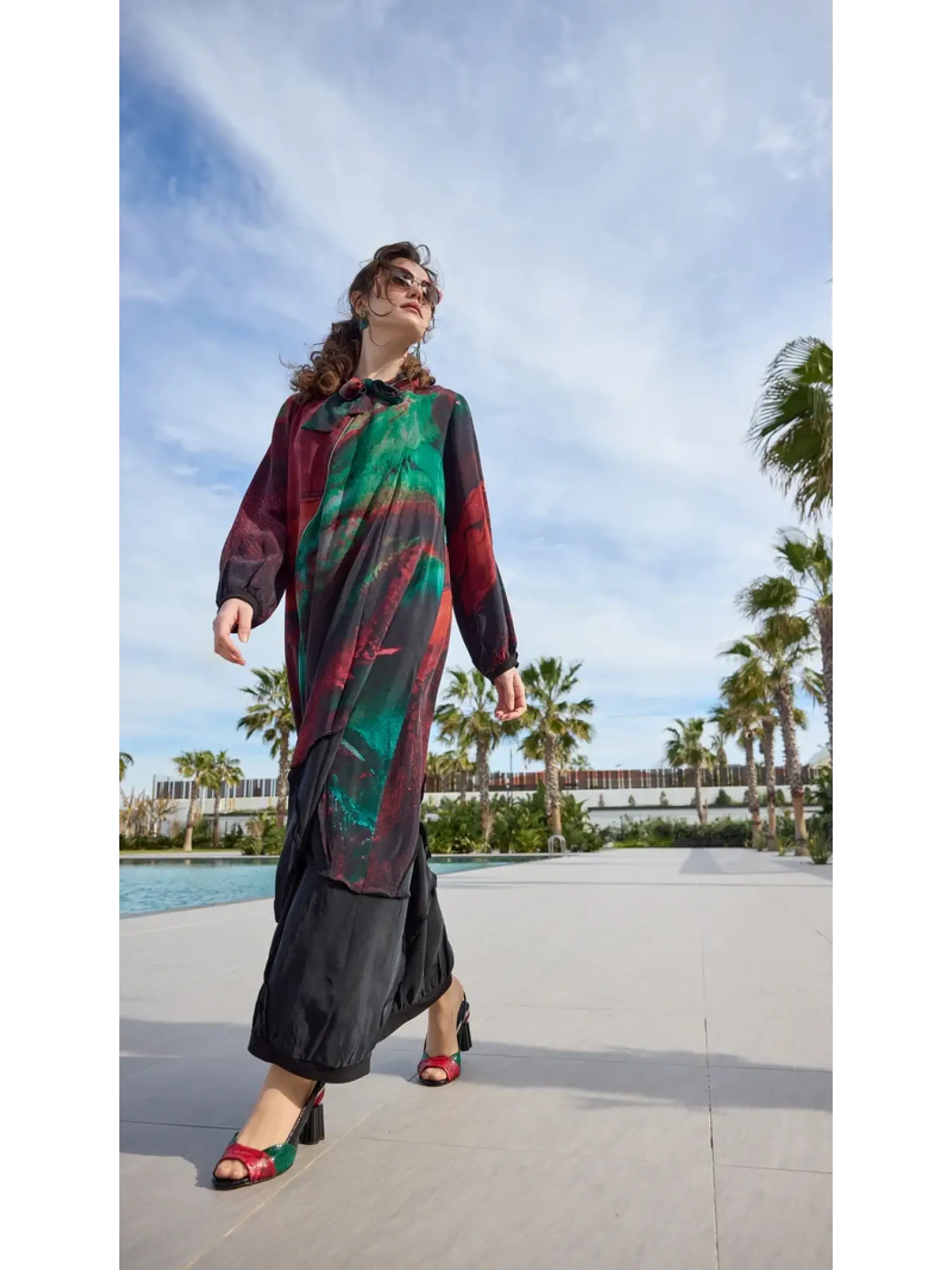 Misswhence Fular ve Fermuar Detaylı Desenli Cupra İpek Elbise 39802