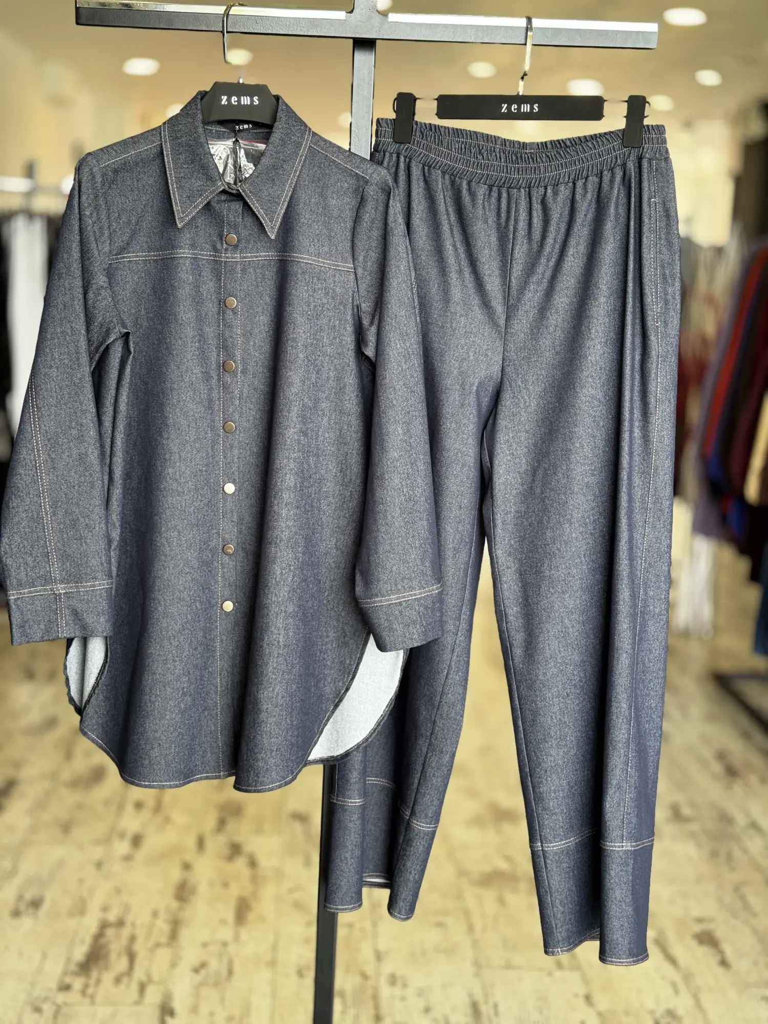 Zems Spor Dikiş Detaylı Denim Gömlek Pantolon Takım 2T070