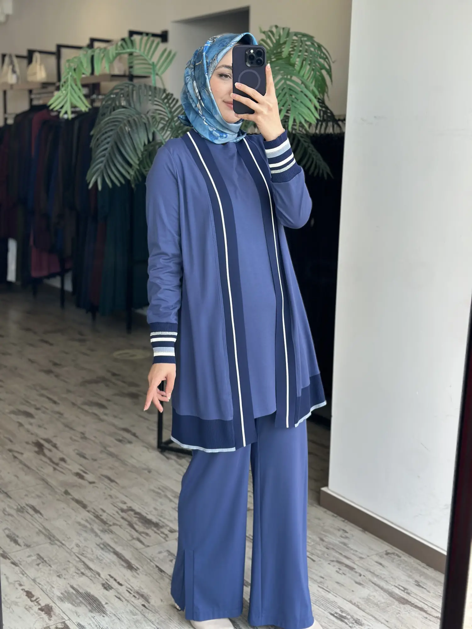 Tığ Triko Çizgili Ribana Detaylı 3 lü Tunik Kap Pantolon Takım TKM5112