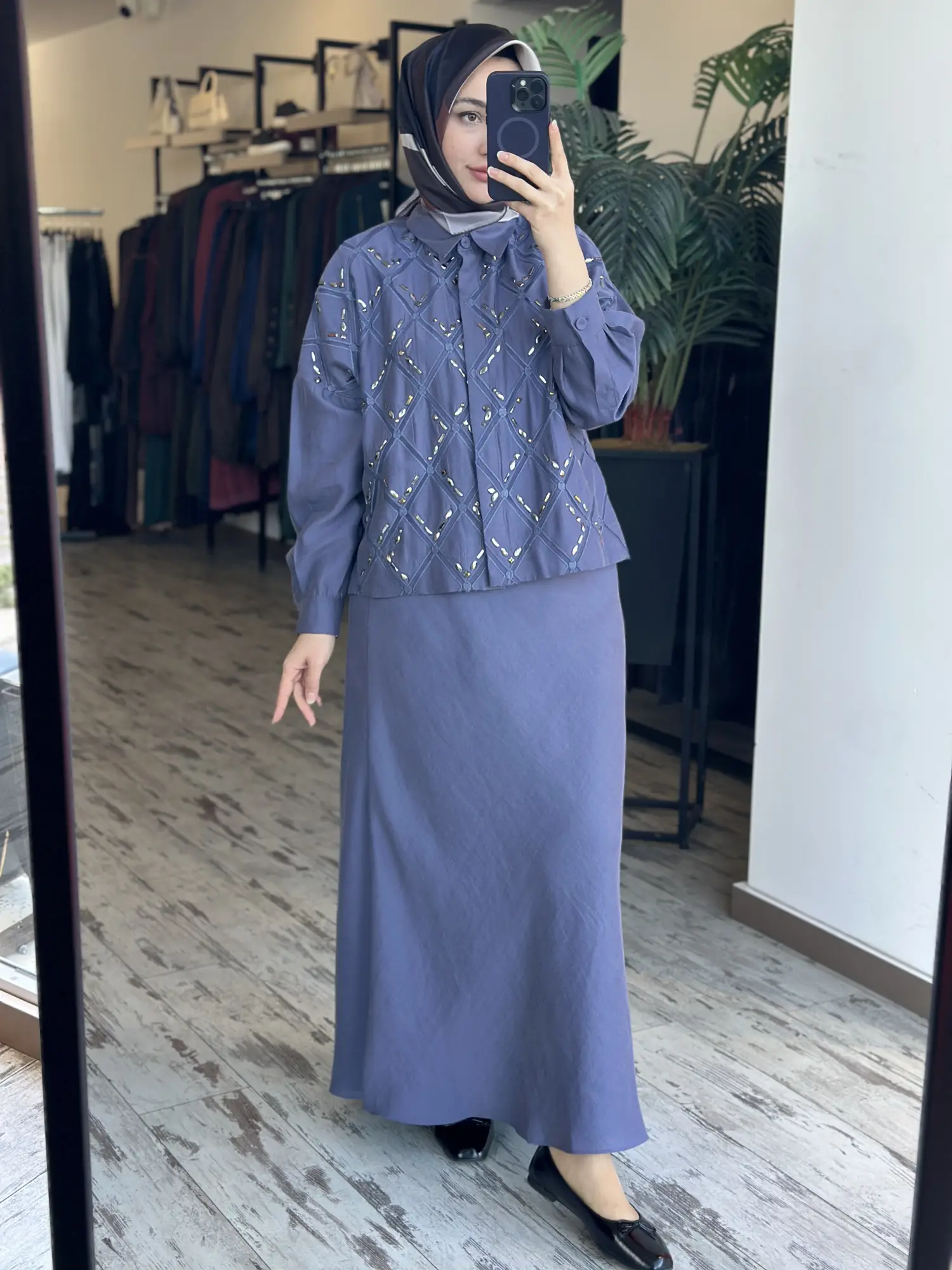 Qupra Taş Baskılı Düğmeli Ceket(Gömlek) Etek Takım WAD1200