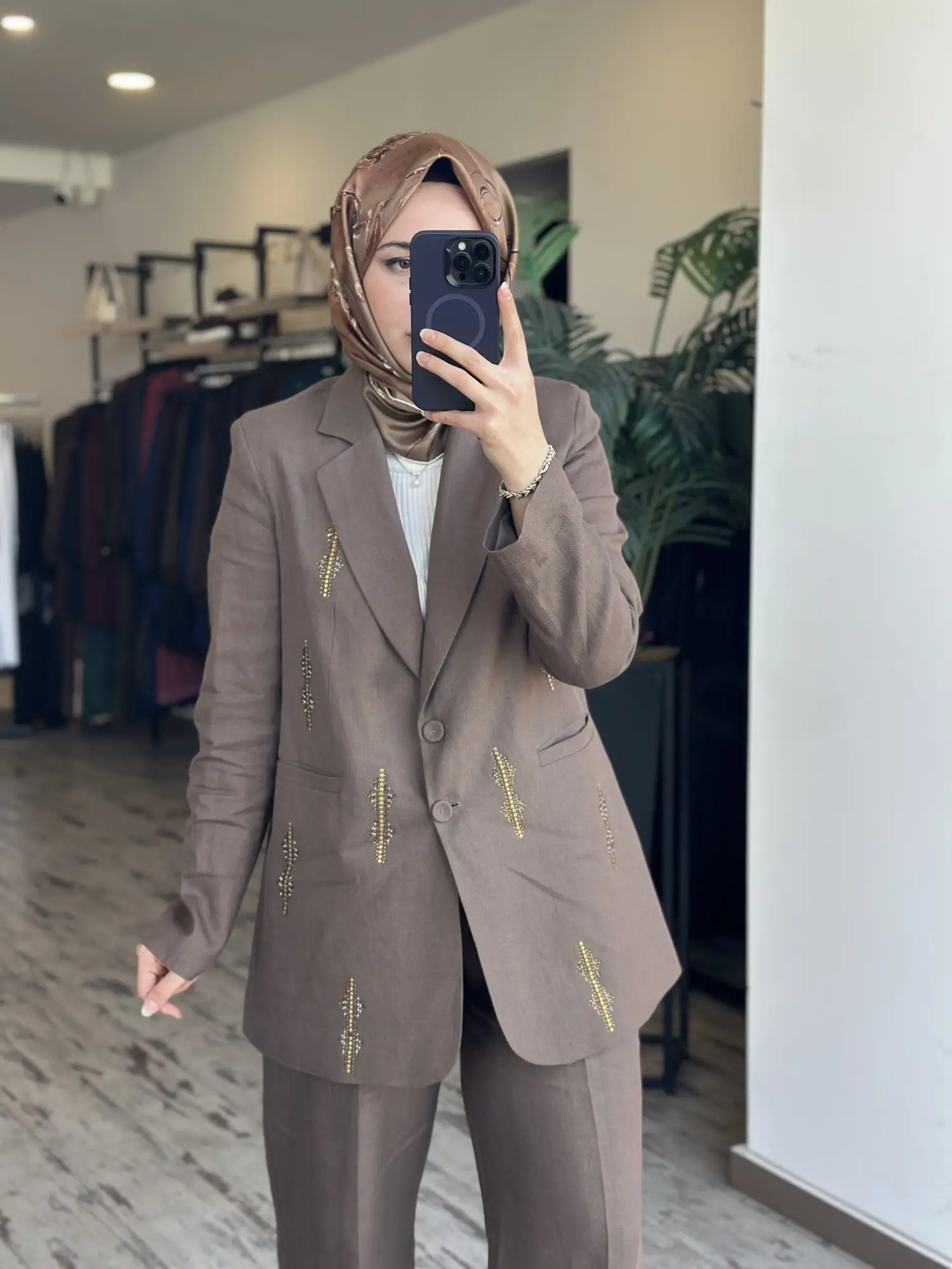 Qupra Taş Baskılı Keten Ceket Pantolon Takım WAD1290