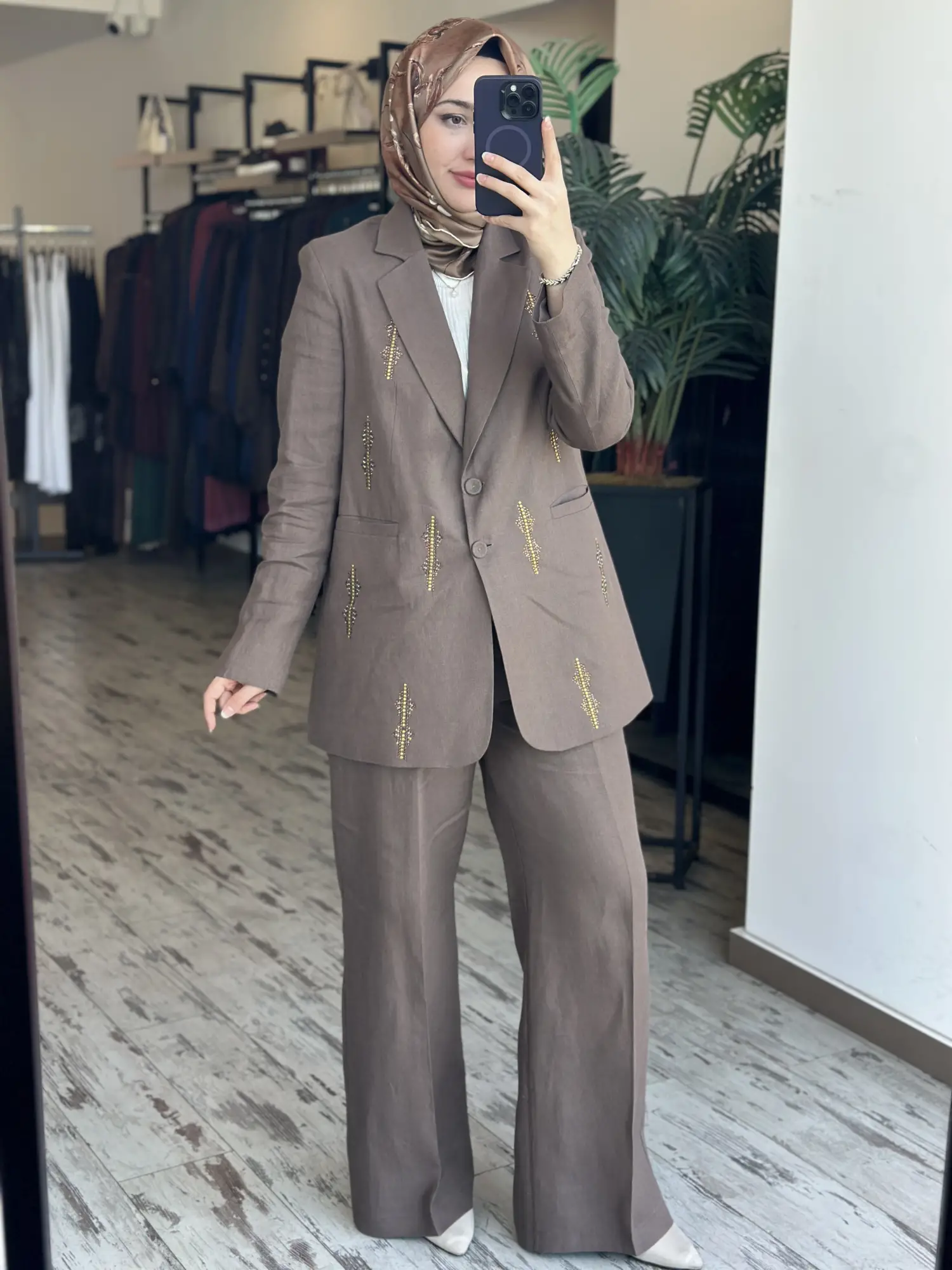 Qupra Taş Baskılı Keten Ceket Pantolon Takım WAD1290