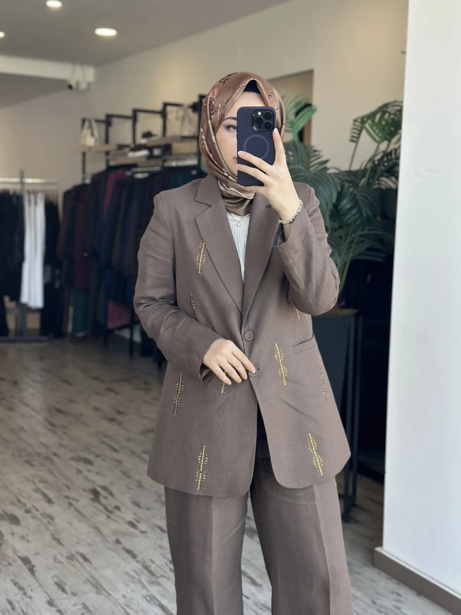 Qupra Taş Baskılı Keten Ceket Pantolon Takım WAD1290