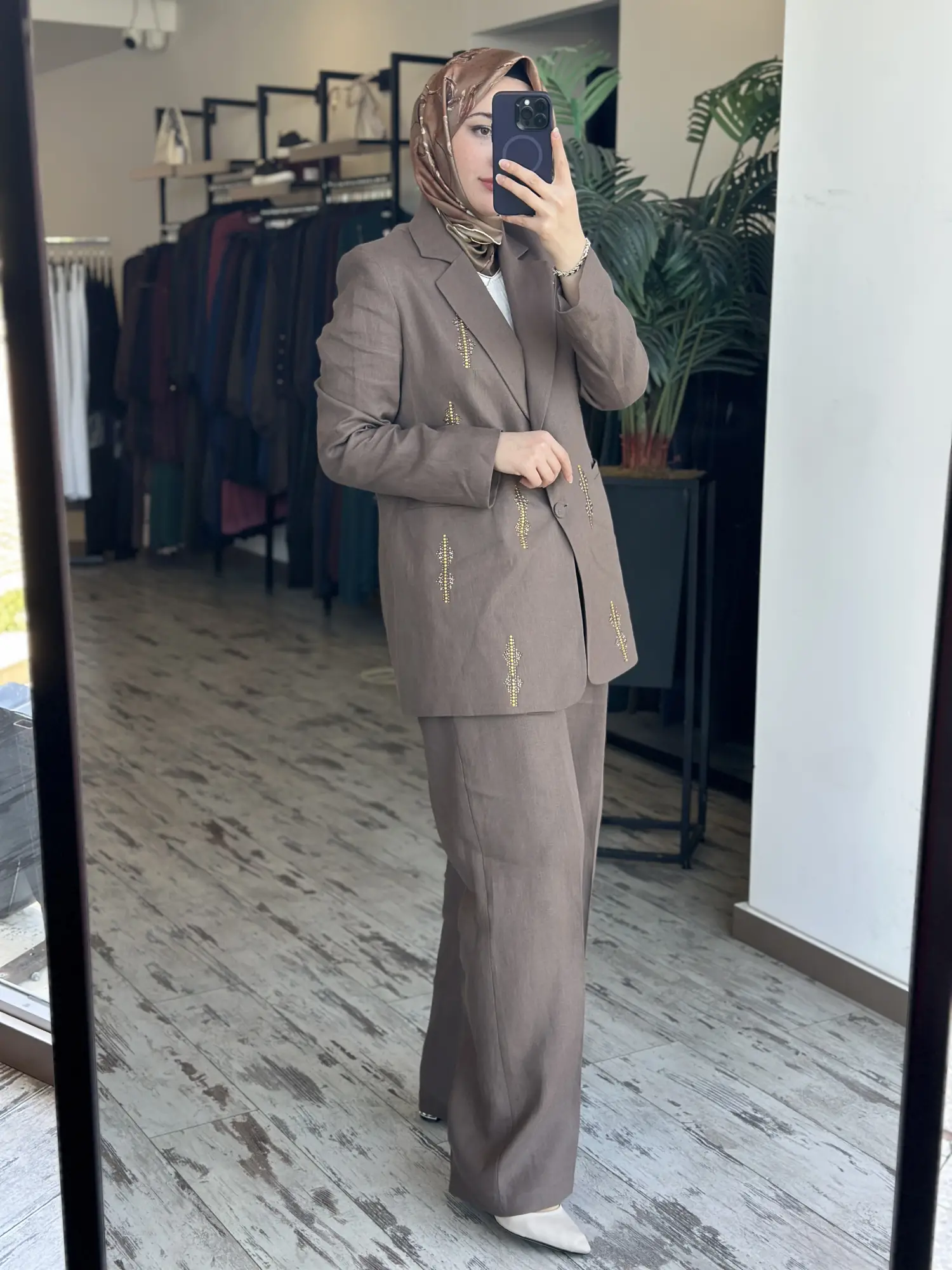 Qupra Taş Baskılı Keten Ceket Pantolon Takım WAD1290