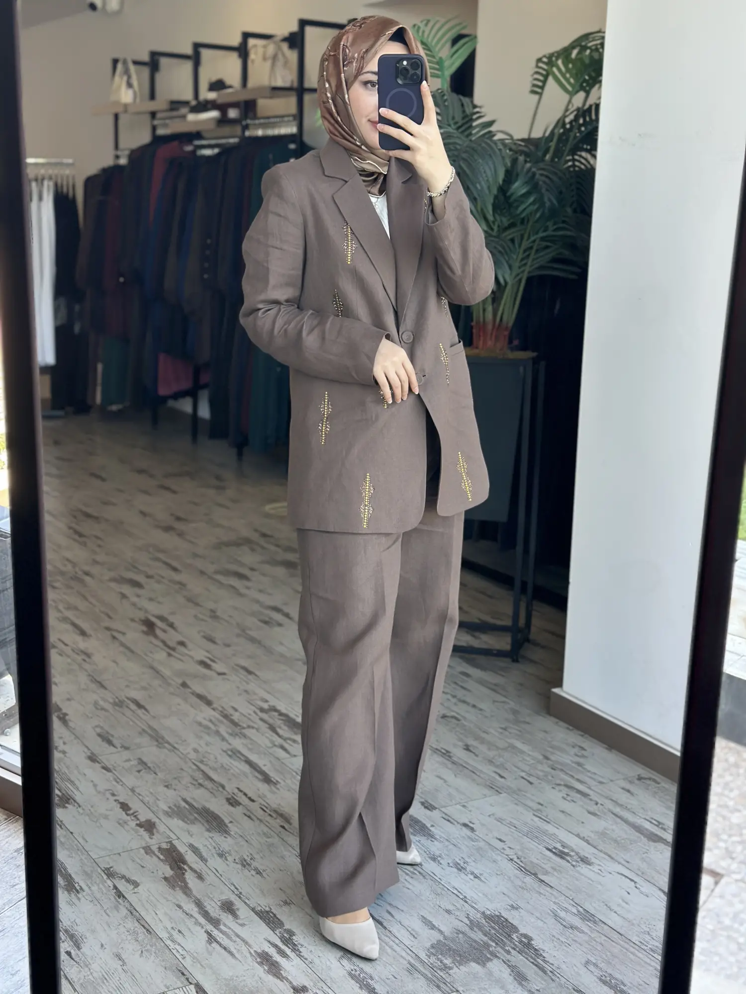 Qupra Taş Baskılı Keten Ceket Pantolon Takım WAD1290