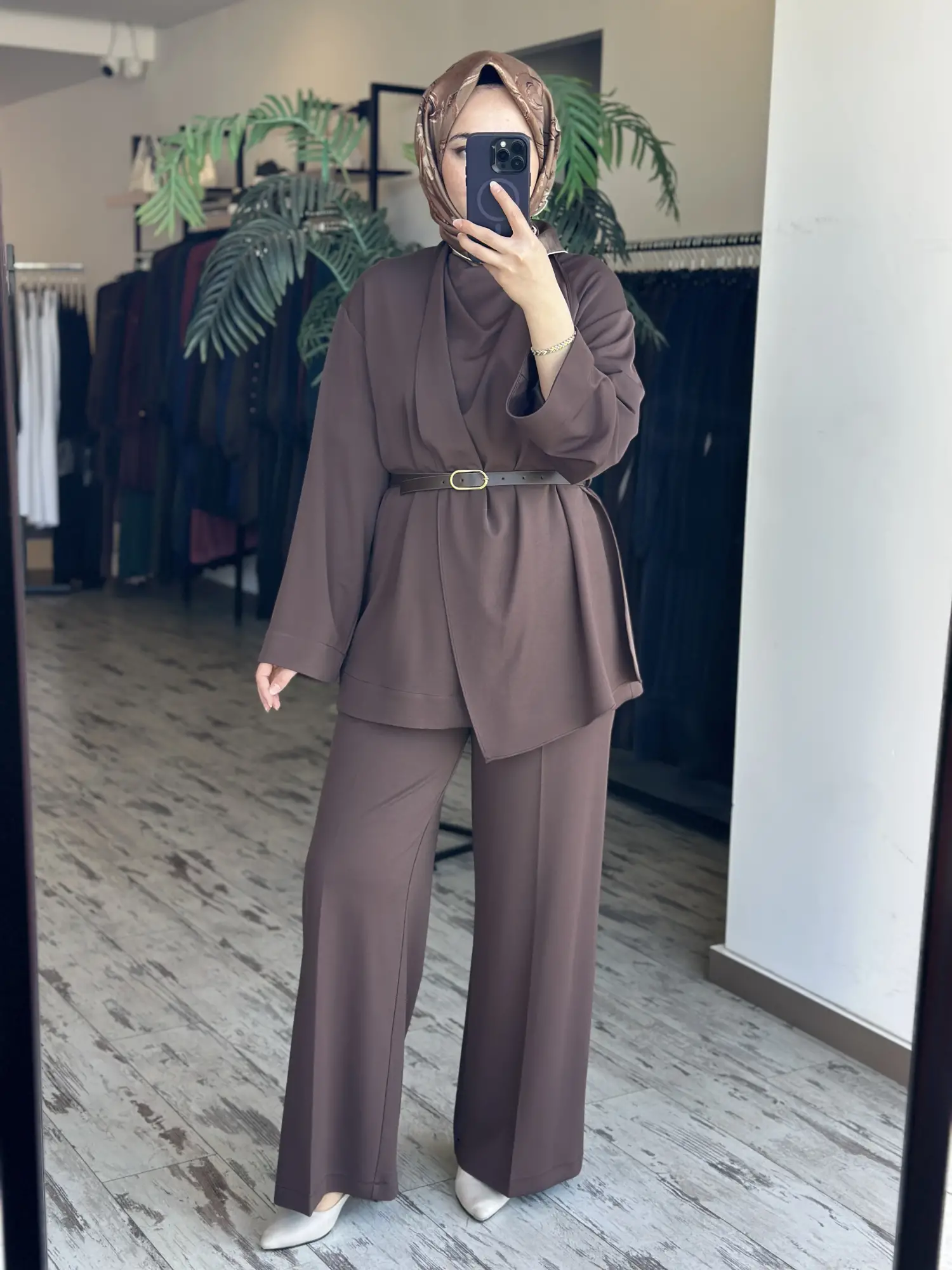 Qupra Şal Detaylı Kemerli Tunik Pantolon Takım WAD1277