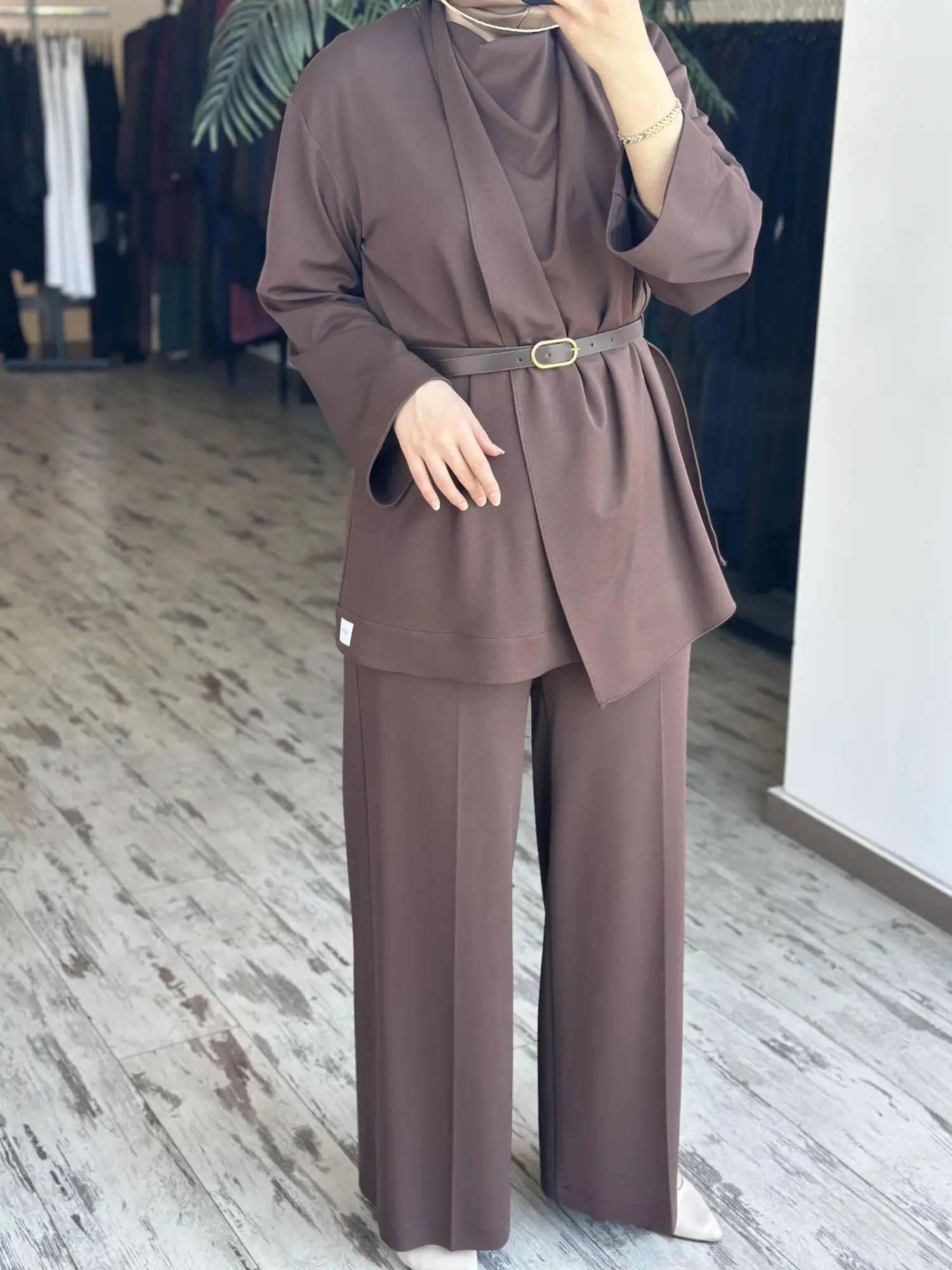 Qupra Şal Detaylı Kemerli Tunik Pantolon Takım WAD1277