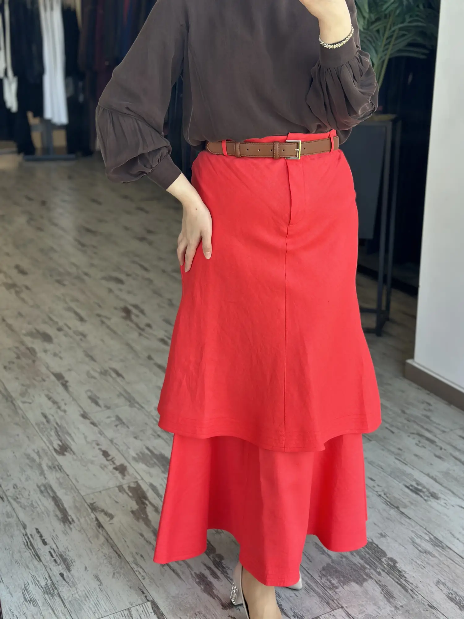 Vuu İki Katlı Volanlı Keten Etek