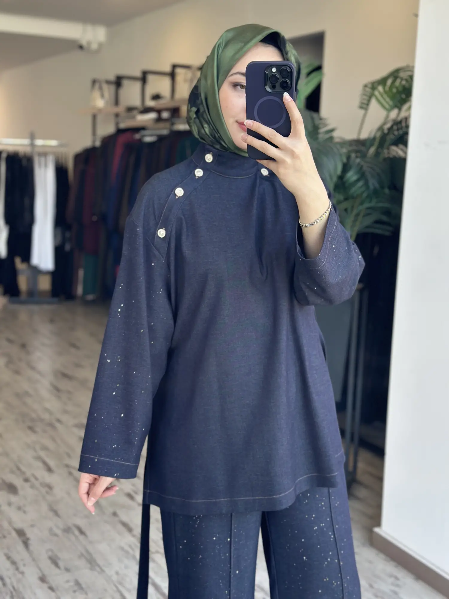 Ghisa Taş ve Düğme Detaylı Tensel Kot Tunik Pantolon Takım G9224