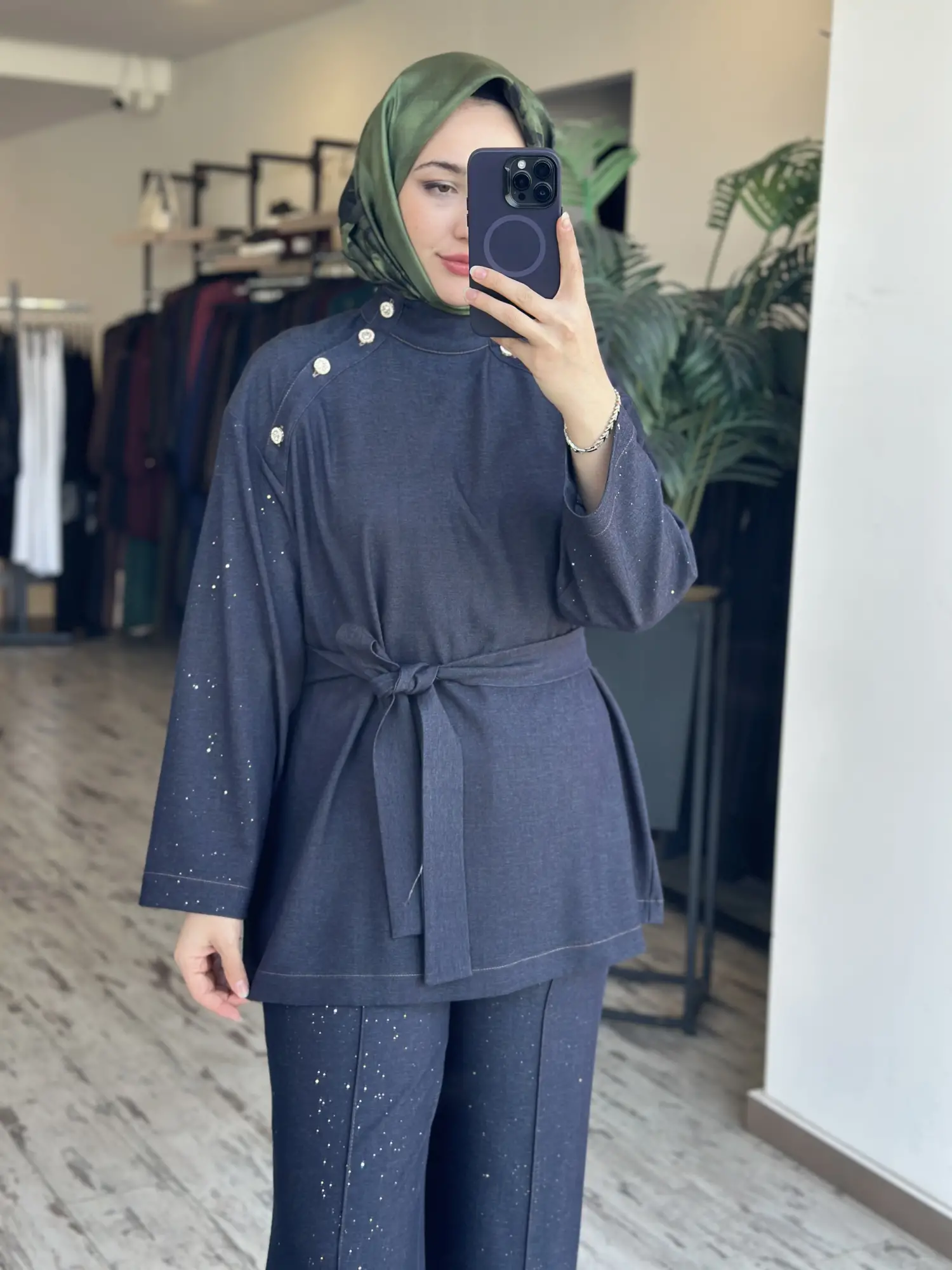 Ghisa Taş ve Düğme Detaylı Tensel Kot Tunik Pantolon Takım G9224