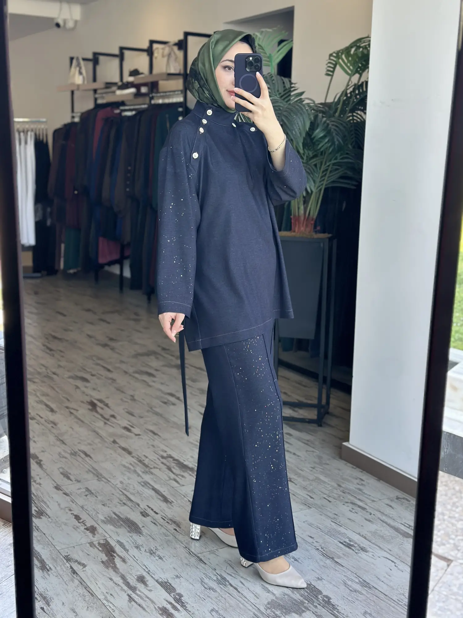 Ghisa Taş ve Düğme Detaylı Tensel Kot Tunik Pantolon Takım G9224