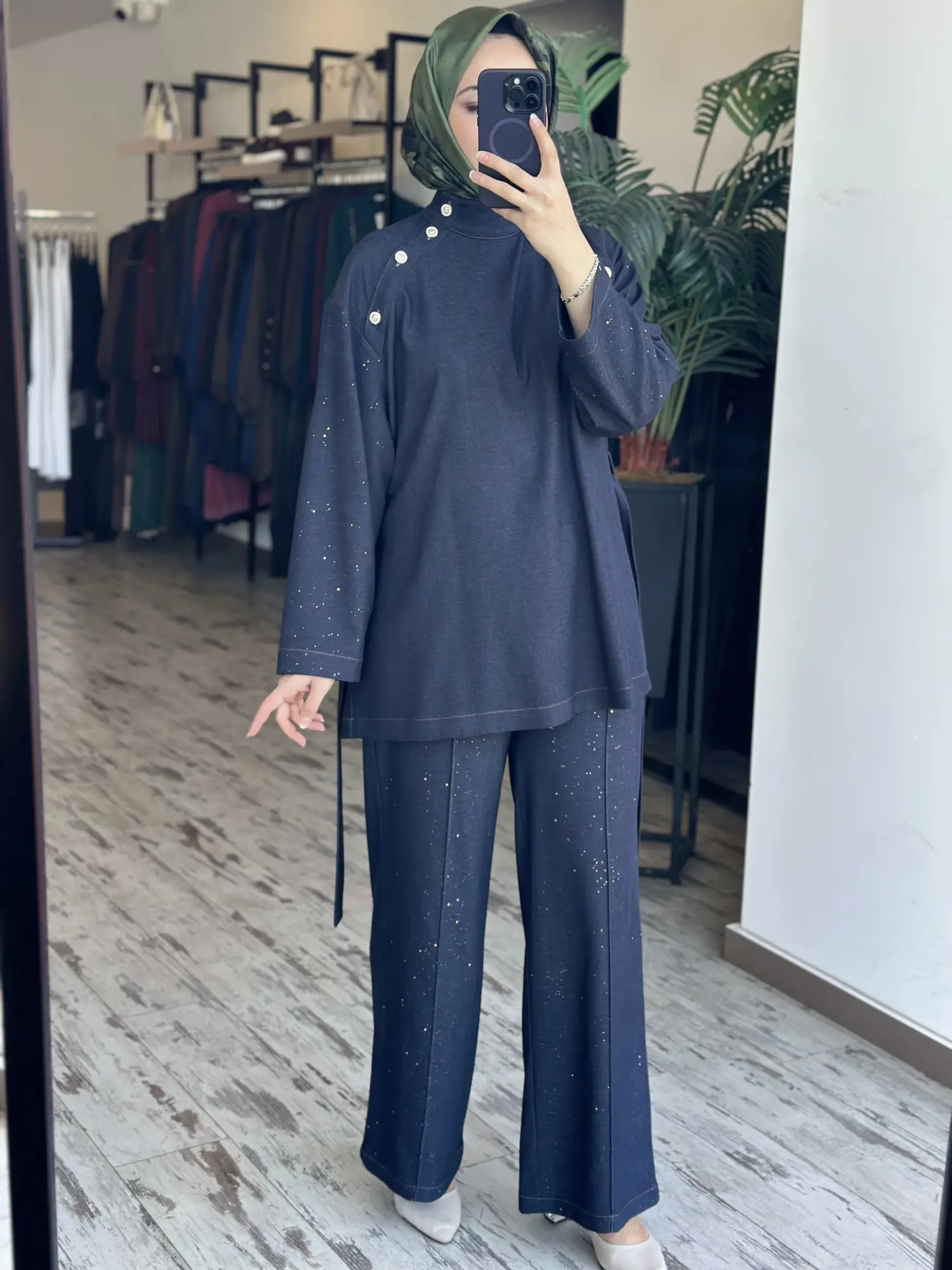 Ghisa Taş ve Düğme Detaylı Tensel Kot Tunik Pantolon Takım G9224