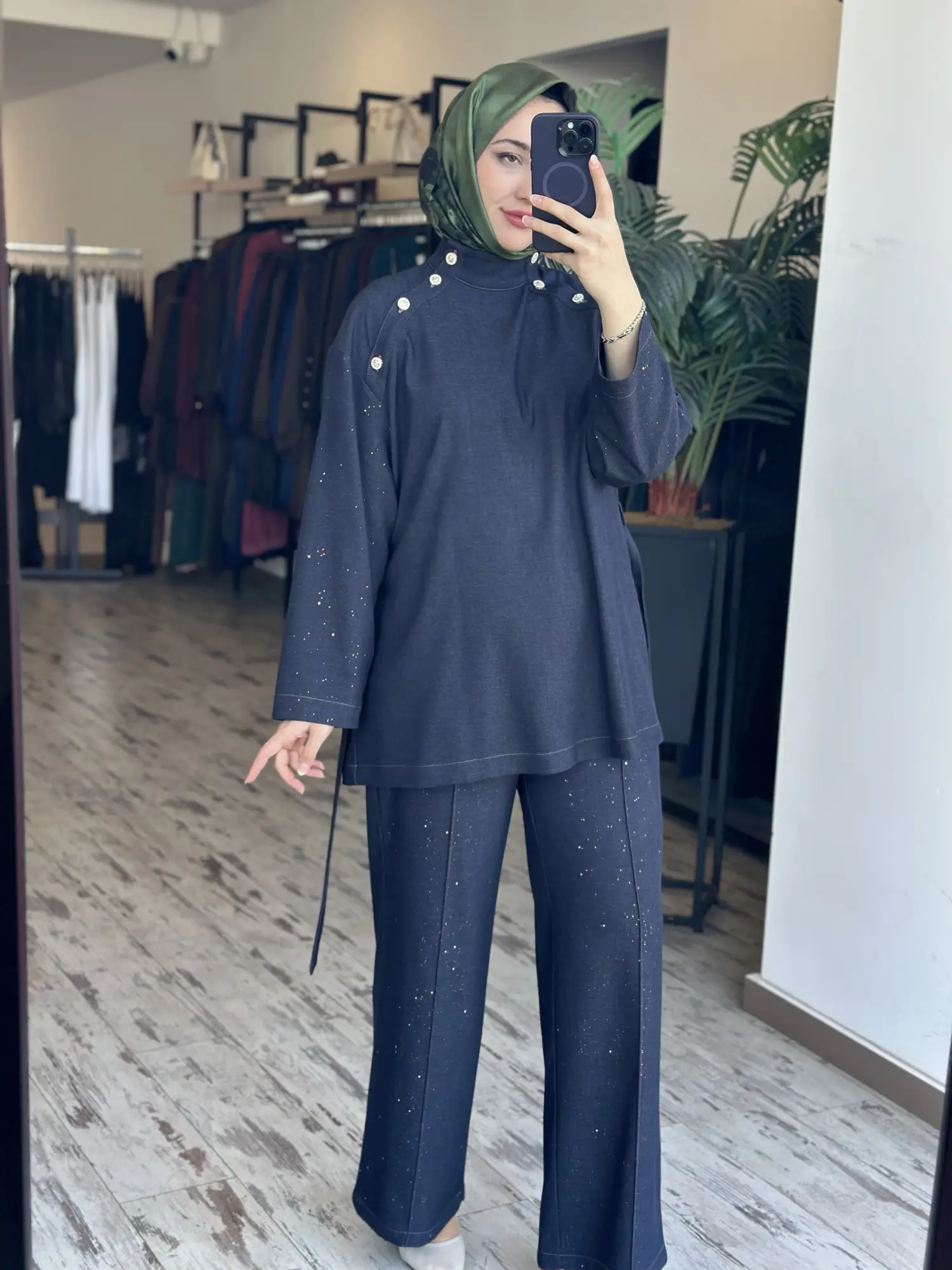 Ghisa Taş ve Düğme Detaylı Tensel Kot Tunik Pantolon Takım G9224