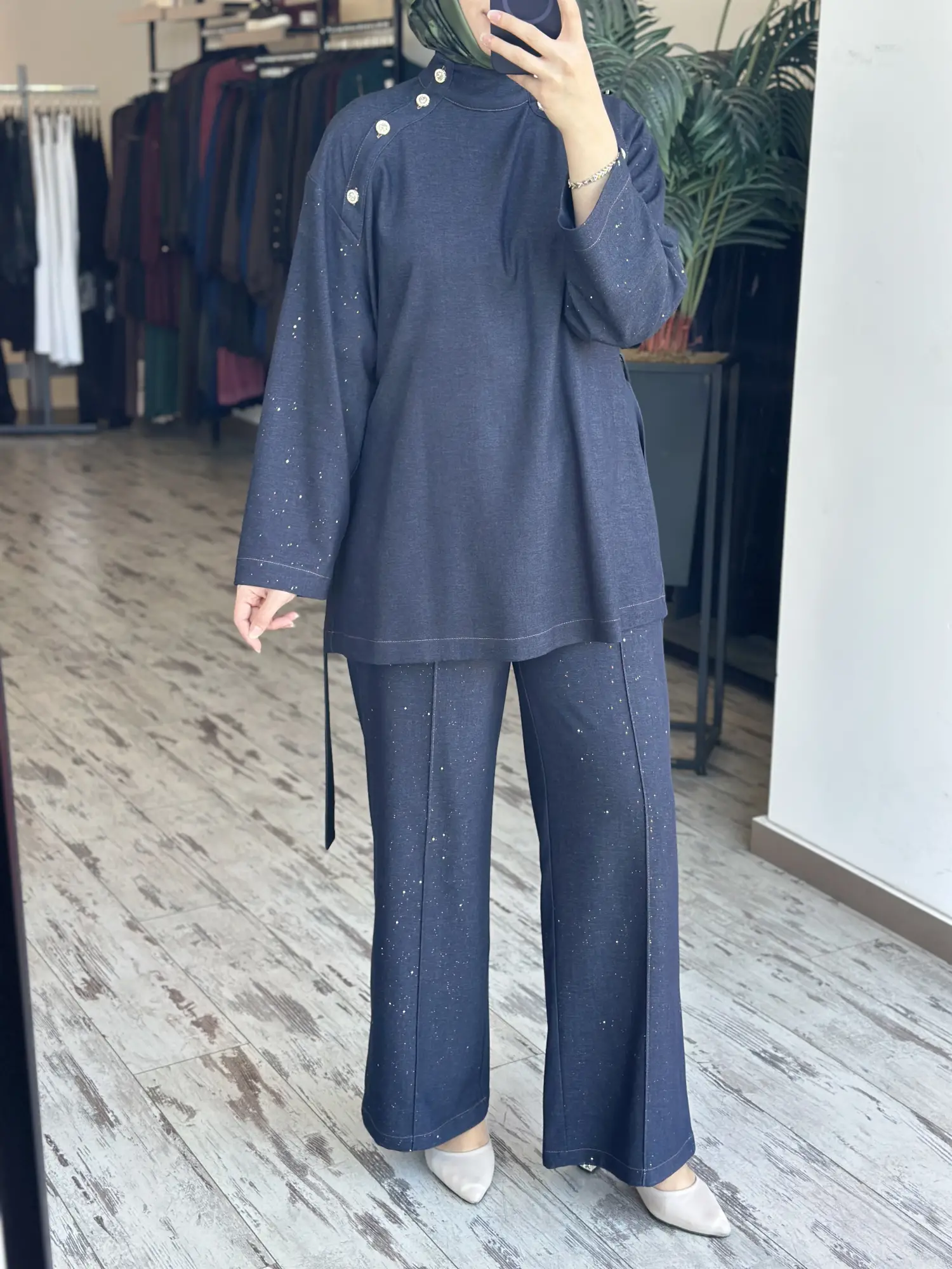 Ghisa Taş ve Düğme Detaylı Tensel Kot Tunik Pantolon Takım G9224