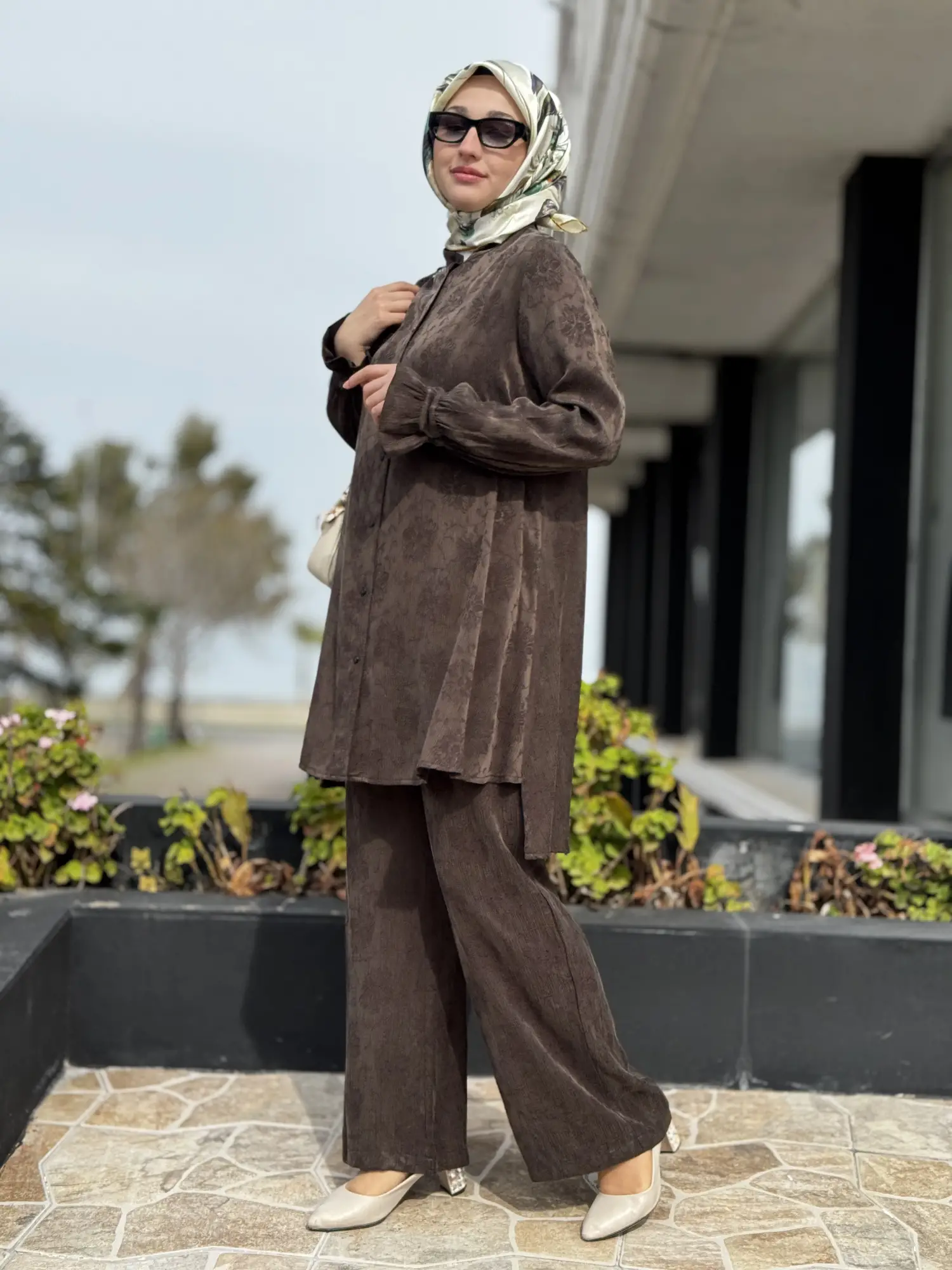 Misswhence Kendinden Desenli Jakarlı Cupra İpek Gömlek Pantolon Takım 39019