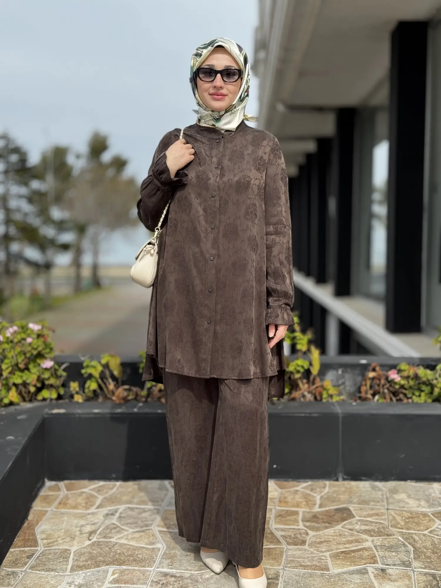 Misswhence Kendinden Desenli Jakarlı Cupra İpek Gömlek Pantolon Takım 39019