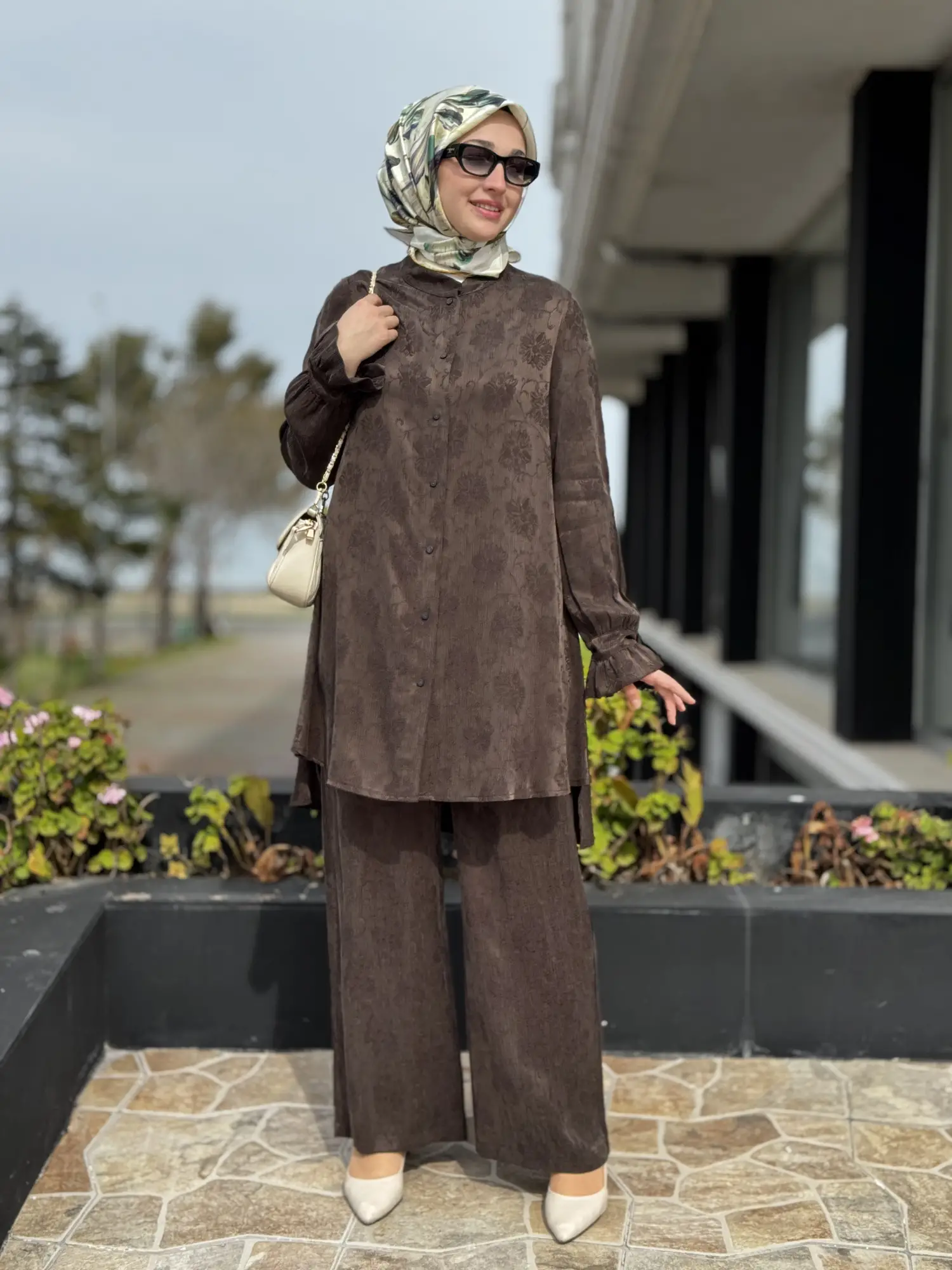 Misswhence Kendinden Desenli Jakarlı Cupra İpek Gömlek Pantolon Takım 39019