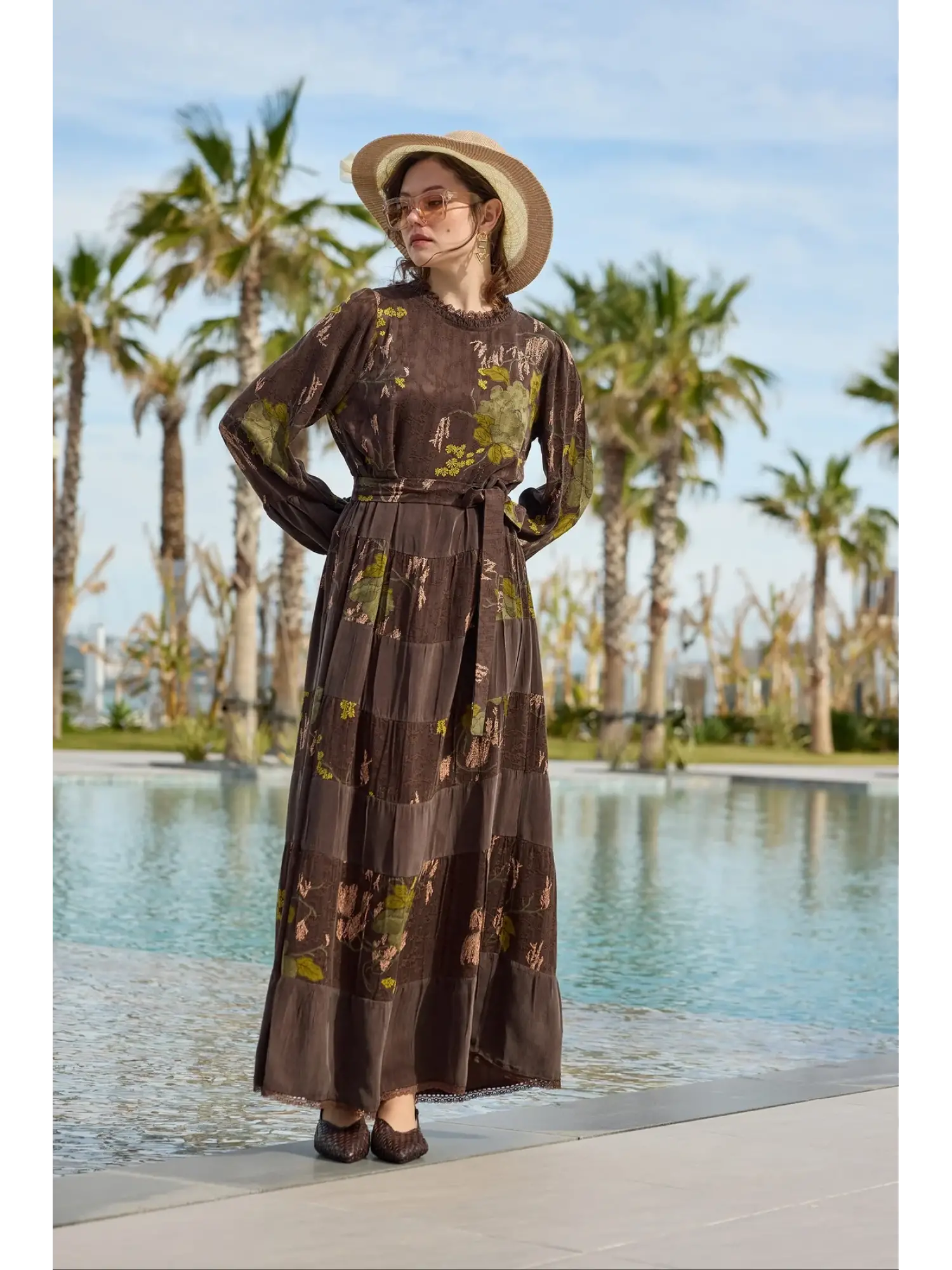 Misswhence Desenli Jakarlı Kat Detaylı Cupra İpek Elbise 39843