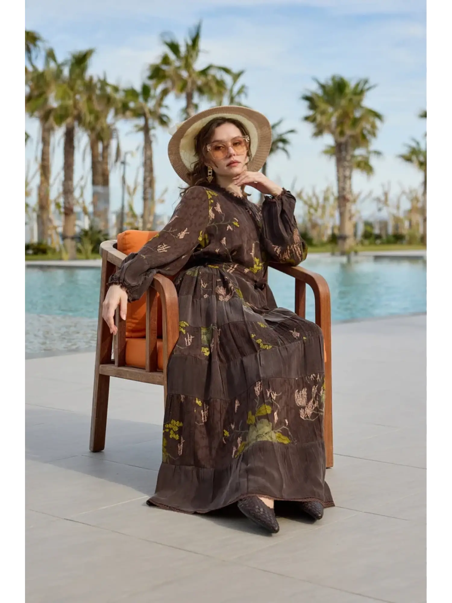 Misswhence Desenli Jakarlı Kat Detaylı Cupra İpek Elbise 39843