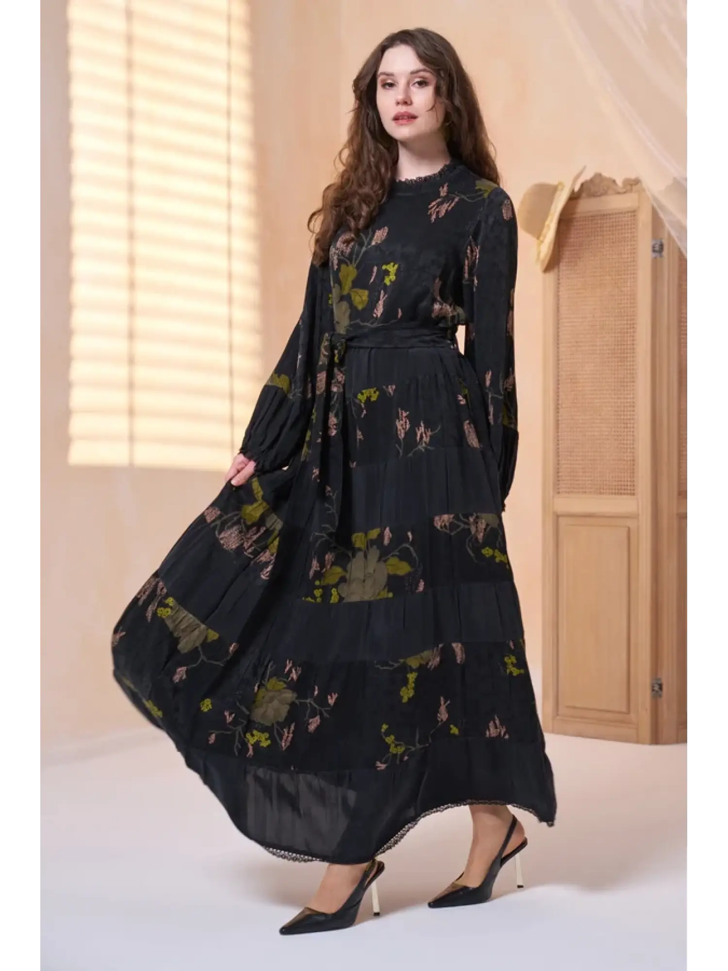 Misswhence Desenli Jakarlı Kat Detaylı Cupra İpek Elbise 39843