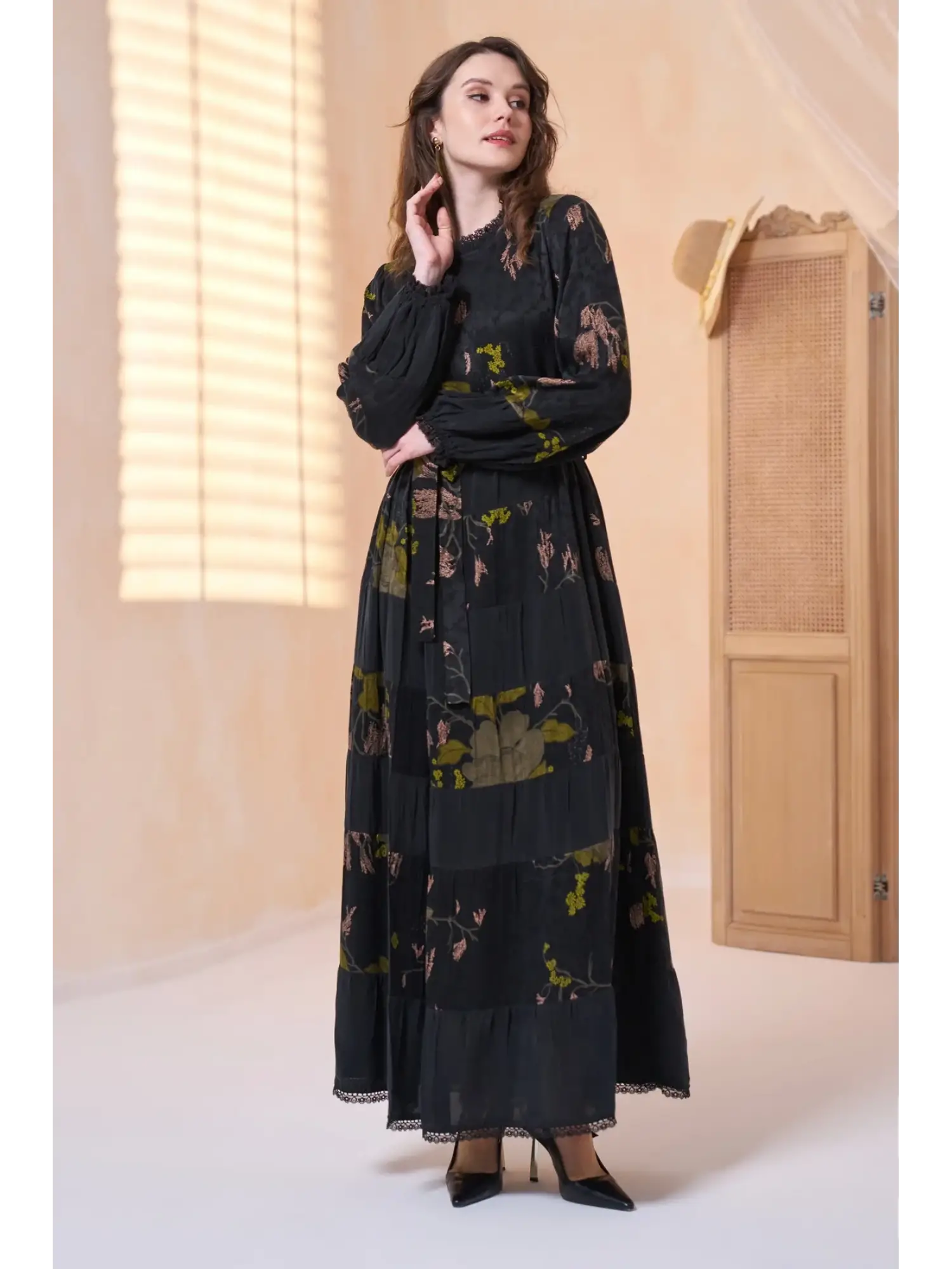 Misswhence Desenli Jakarlı Kat Detaylı Cupra İpek Elbise 39843