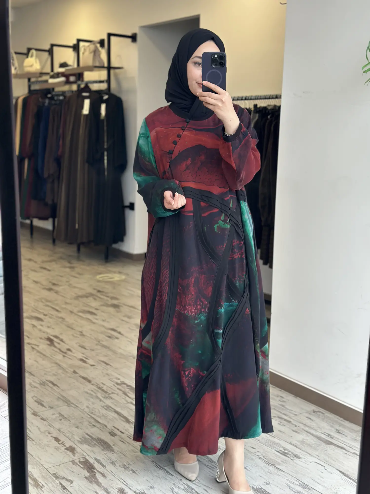 Misswhence Soyut Desen Drapeli Büyük Beden Cupra İpek  Elbise V3300