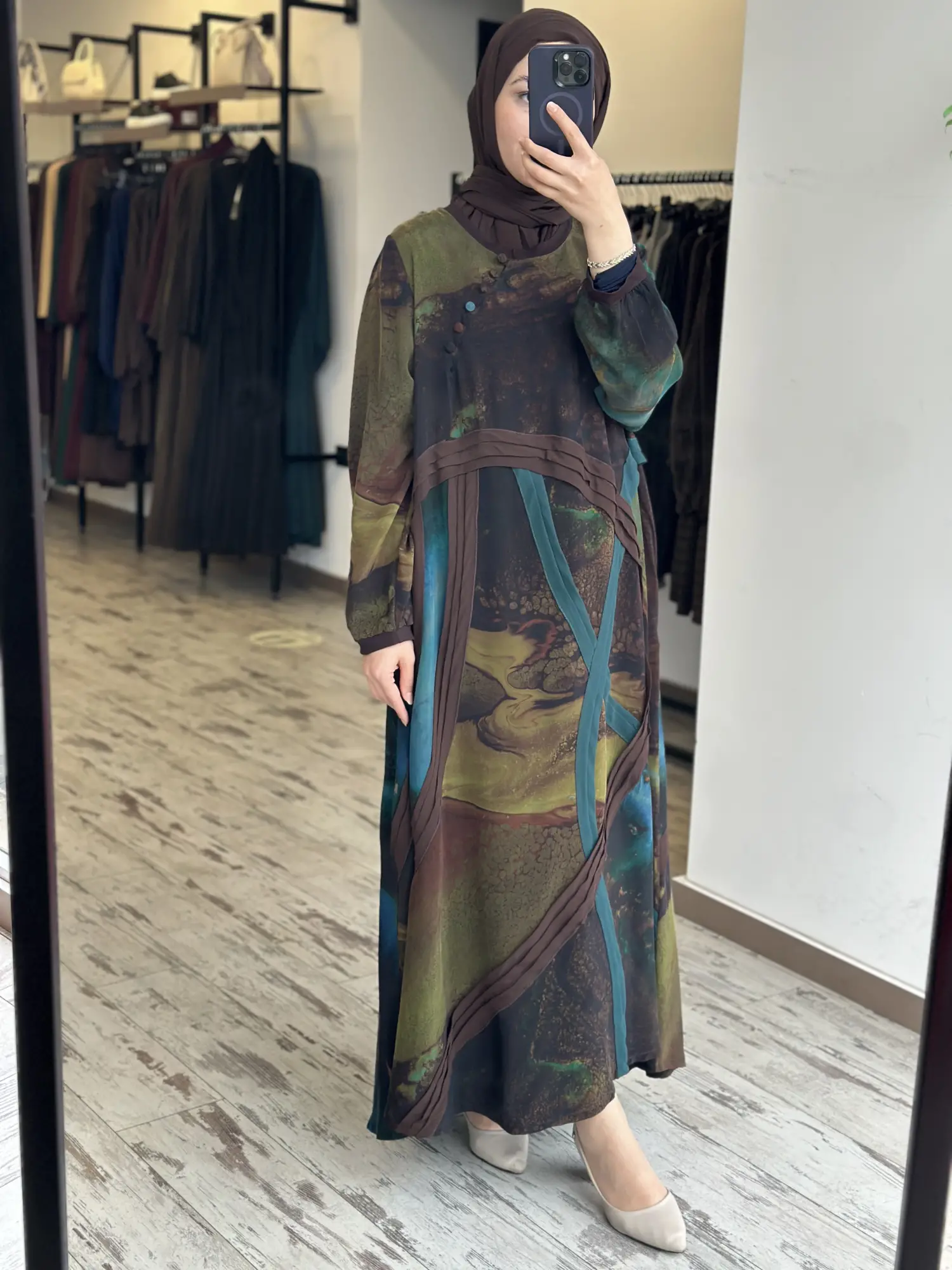 Misswhence Soyut Desen Drapeli Büyük Beden Cupra İpek  Elbise V3300