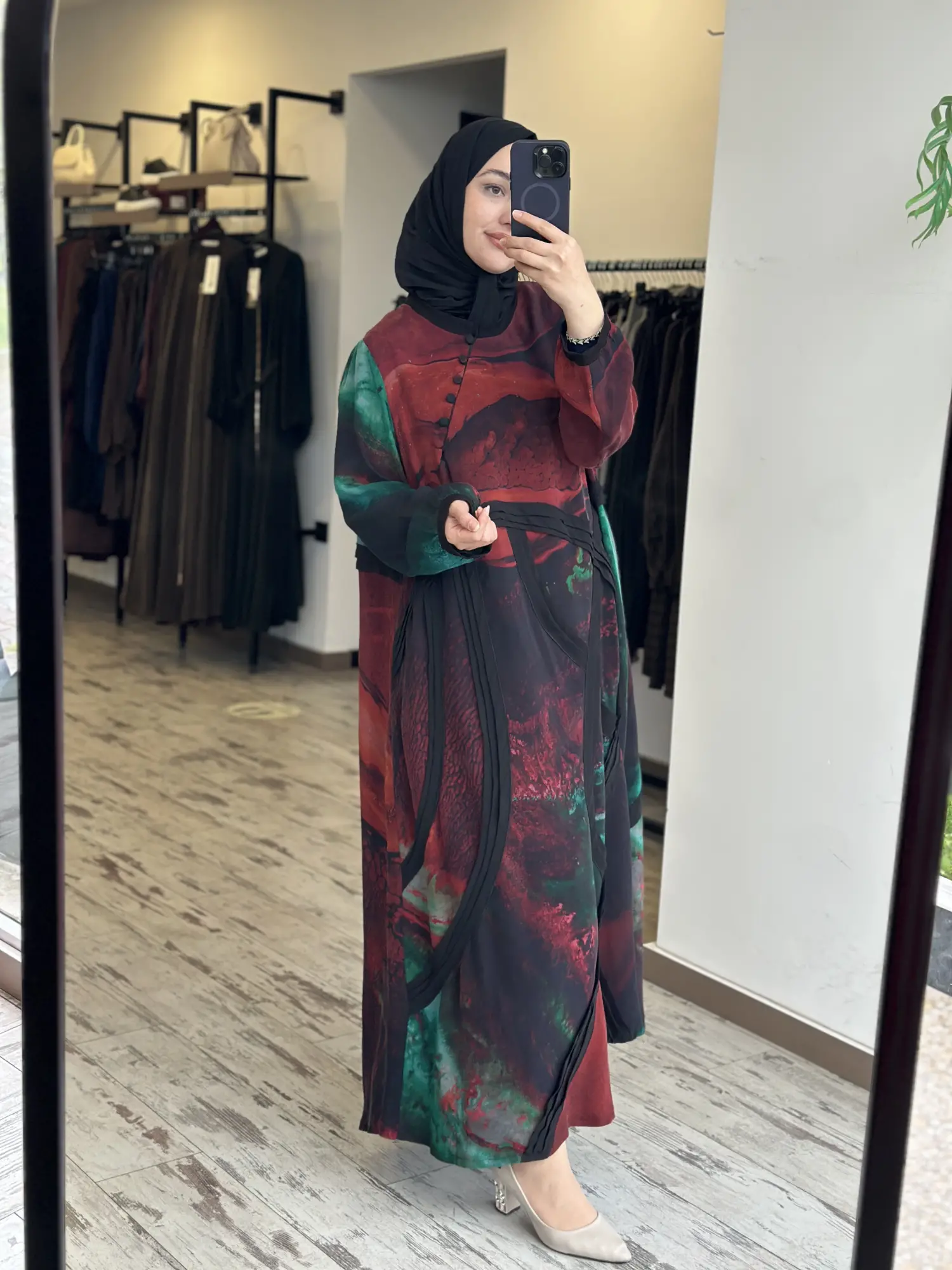 Misswhence Soyut Desen Drapeli Büyük Beden Cupra İpek  Elbise V3300