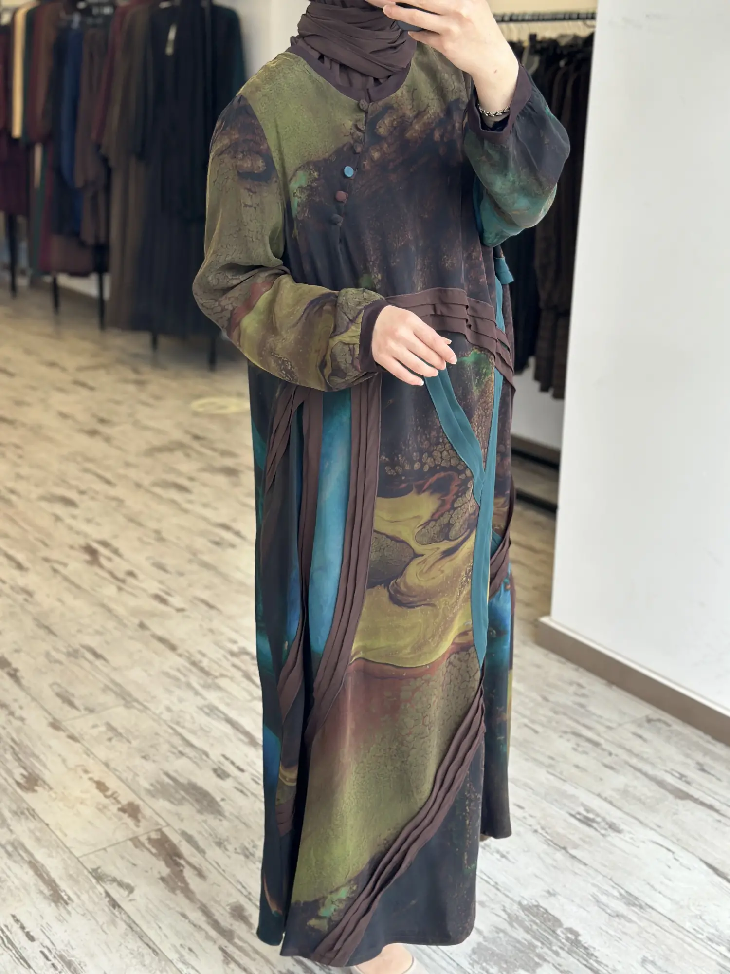 Misswhence Soyut Desen Drapeli Büyük Beden Cupra İpek  Elbise V3300