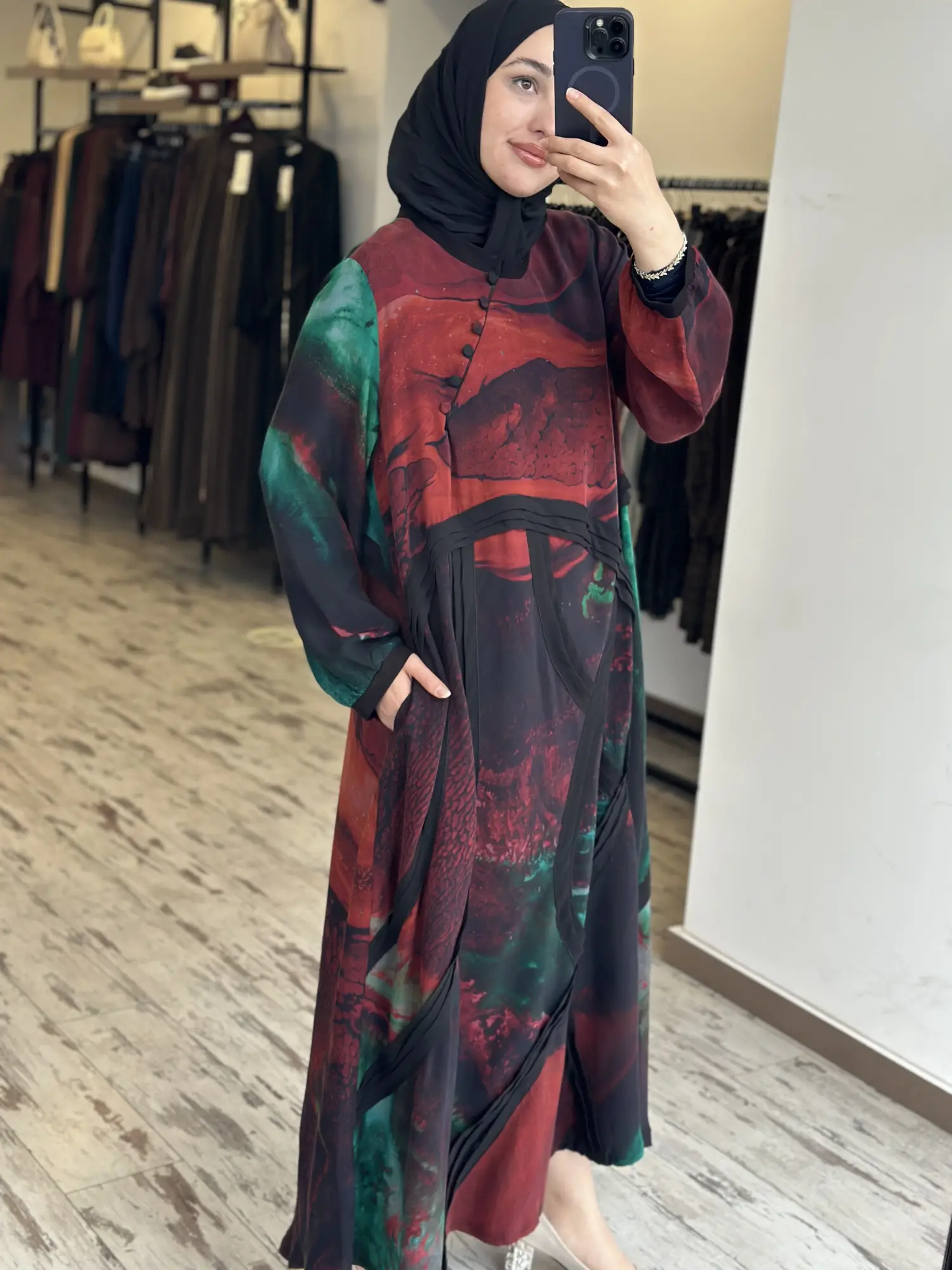 Misswhence Soyut Desen Drapeli Büyük Beden Cupra İpek  Elbise V3300