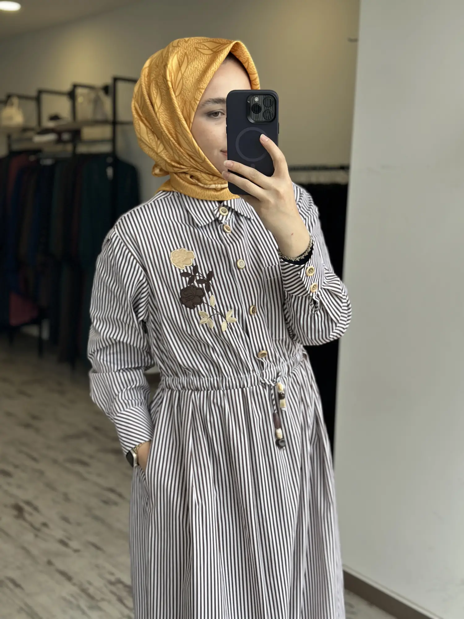 MAQ Nakış Detaylı Çizgili Poplin Line Elbise