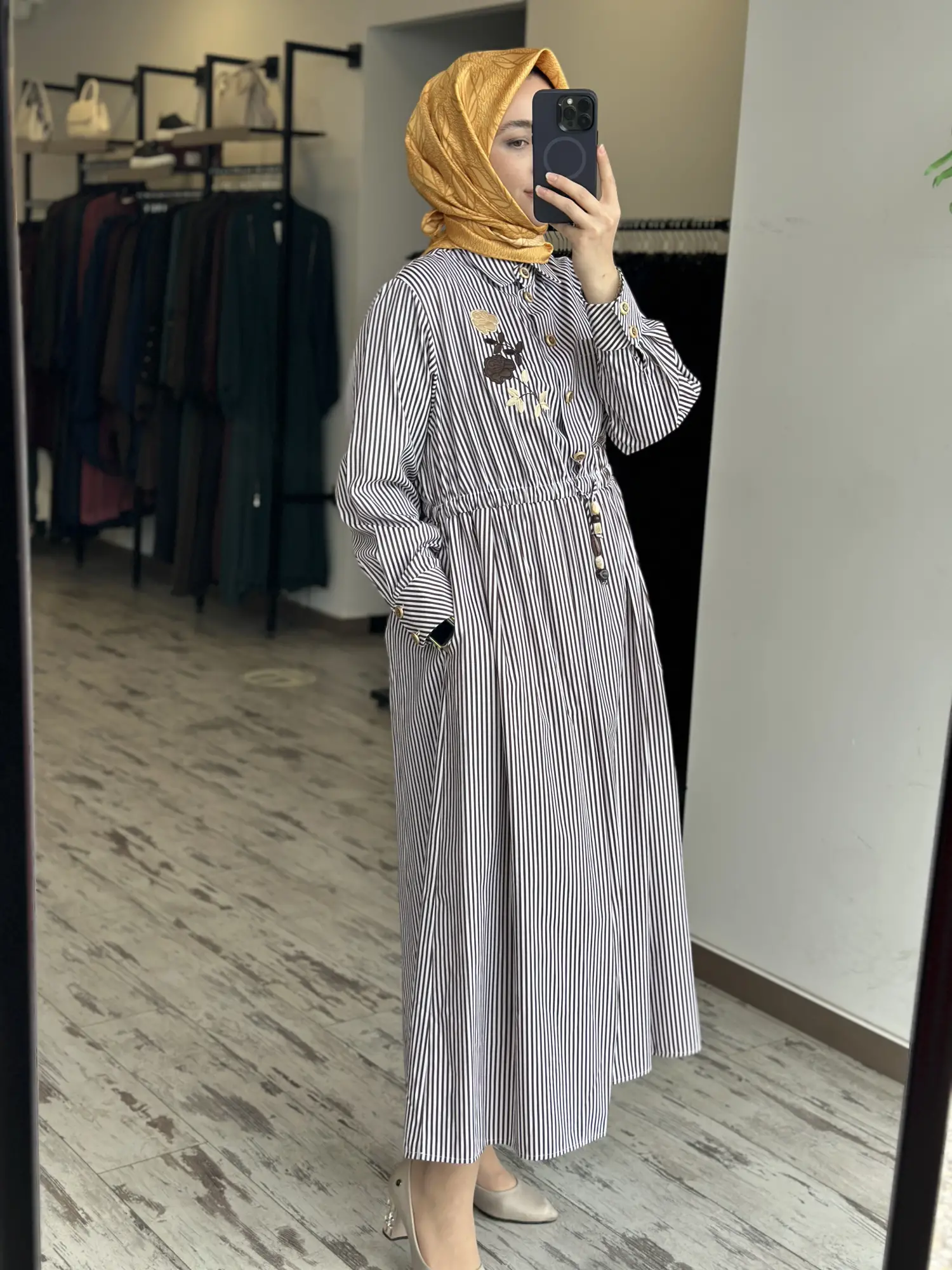 MAQ Nakış Detaylı Çizgili Poplin Line Elbise