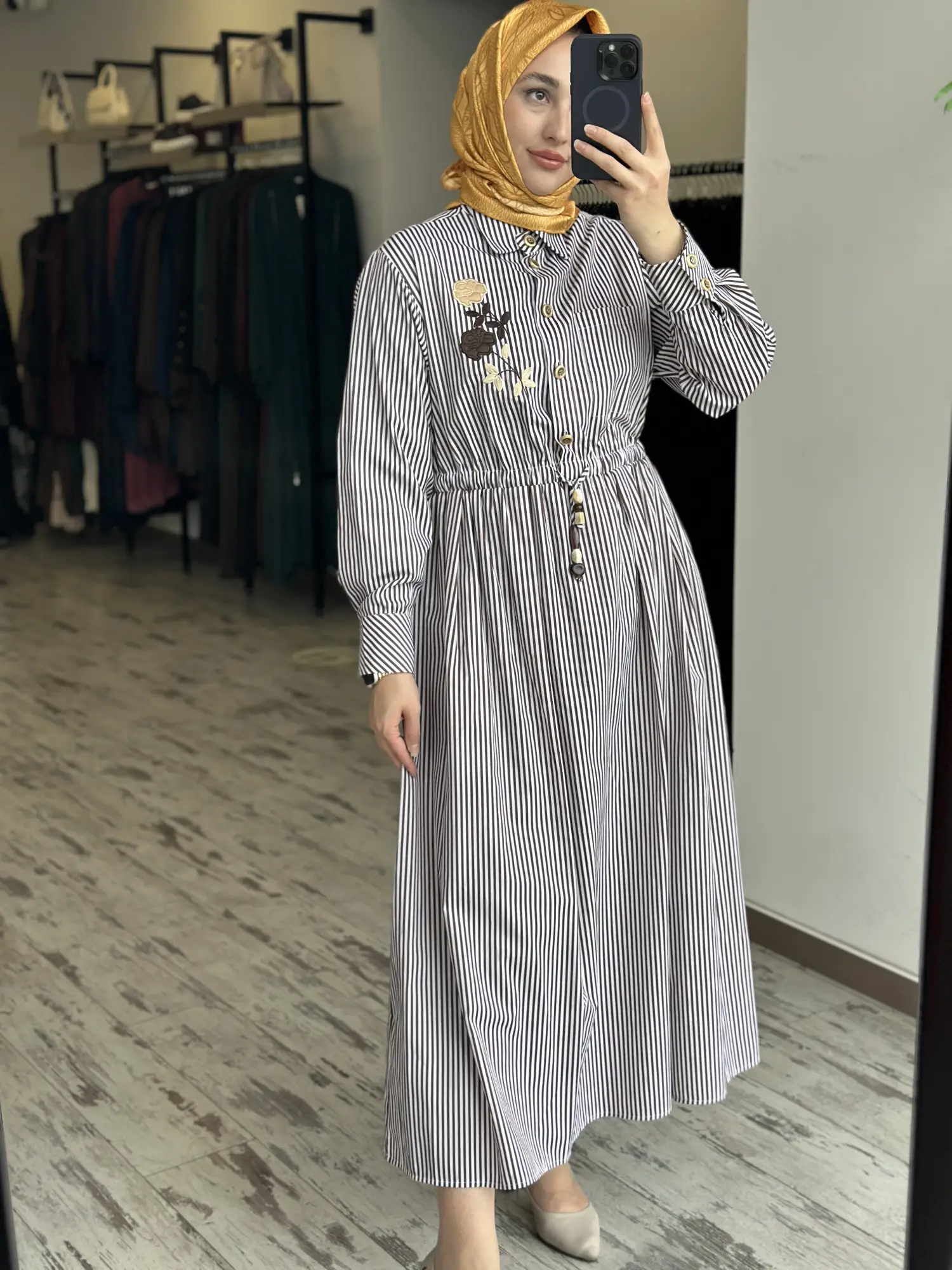 MAQ Nakış Detaylı Çizgili Poplin Line Elbise