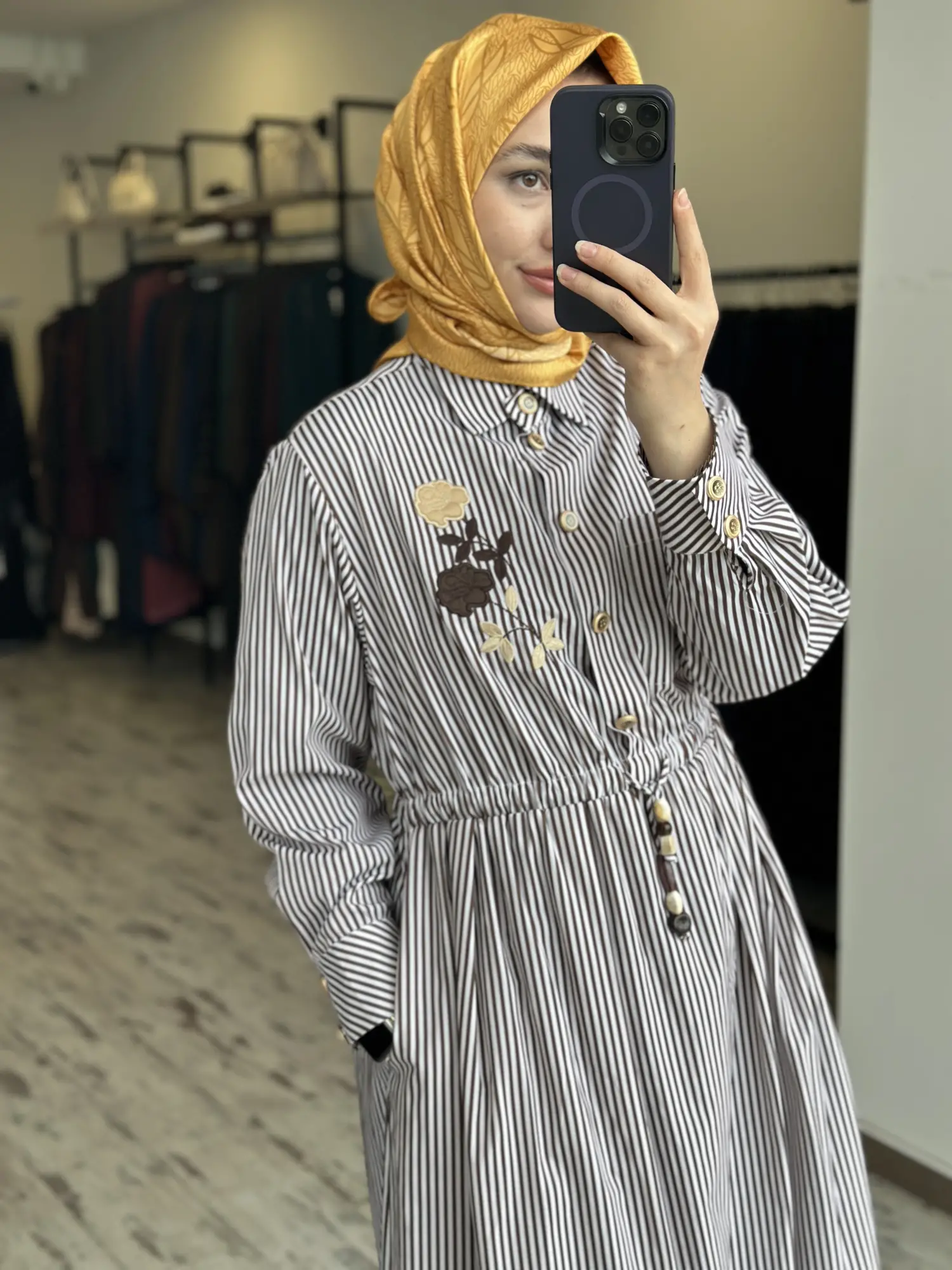 MAQ Nakış Detaylı Çizgili Poplin Line Elbise