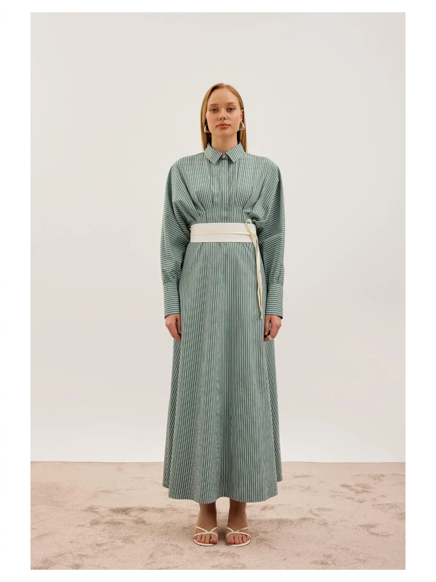 Almarwah Beli Korsajlı Çizgili Yarasa Kol Elbise 303909