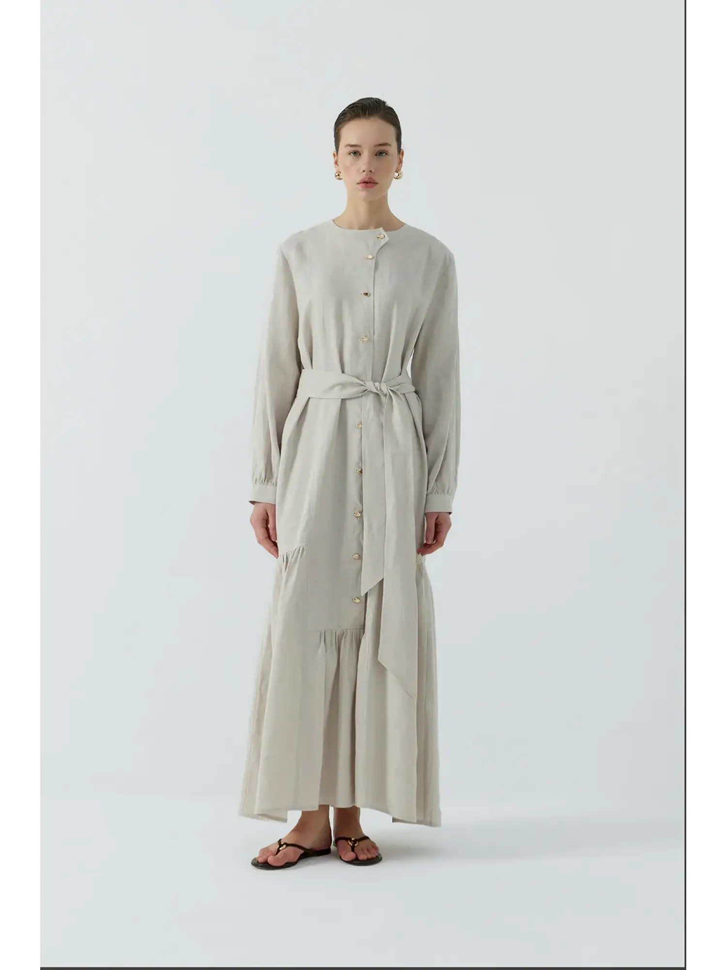 Clande Gold Düğme Detaylı Keten Elbise