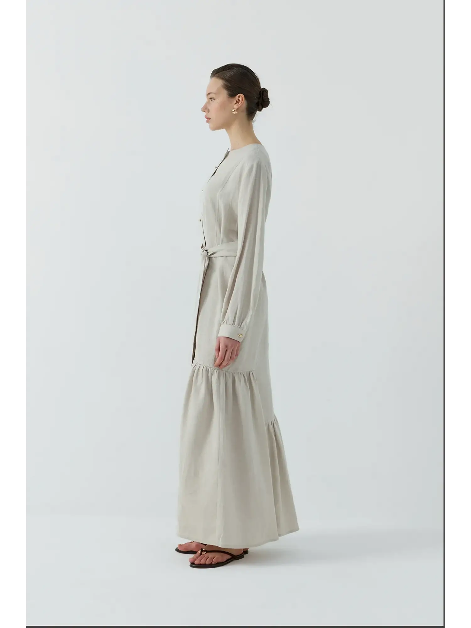 Clande Gold Düğme Detaylı Keten Elbise